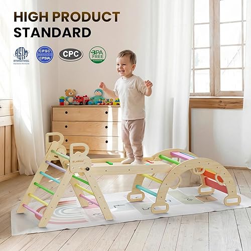 Miniatura 3 de BlueWood Pikler - Juego de triángulos 7 en 1 plegables, juguetes de escalada Montessori de madera con arco y rampa y escalera, escalador para bebés
