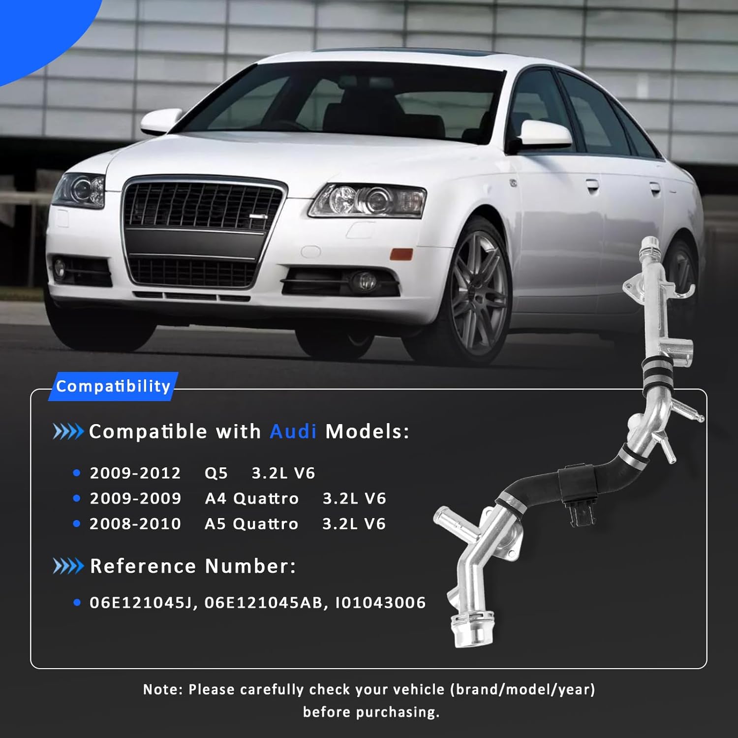 06E121045J Upgraded Aluminum Engine Water Coolant Radiator Hose Cylinder Head Coolant Pipe 3.2L V6 for Audi A4 Quattro 2009, A5 Quattro 2008-2010, Q5 2009-2012, OE# 06E121045AB I01043006