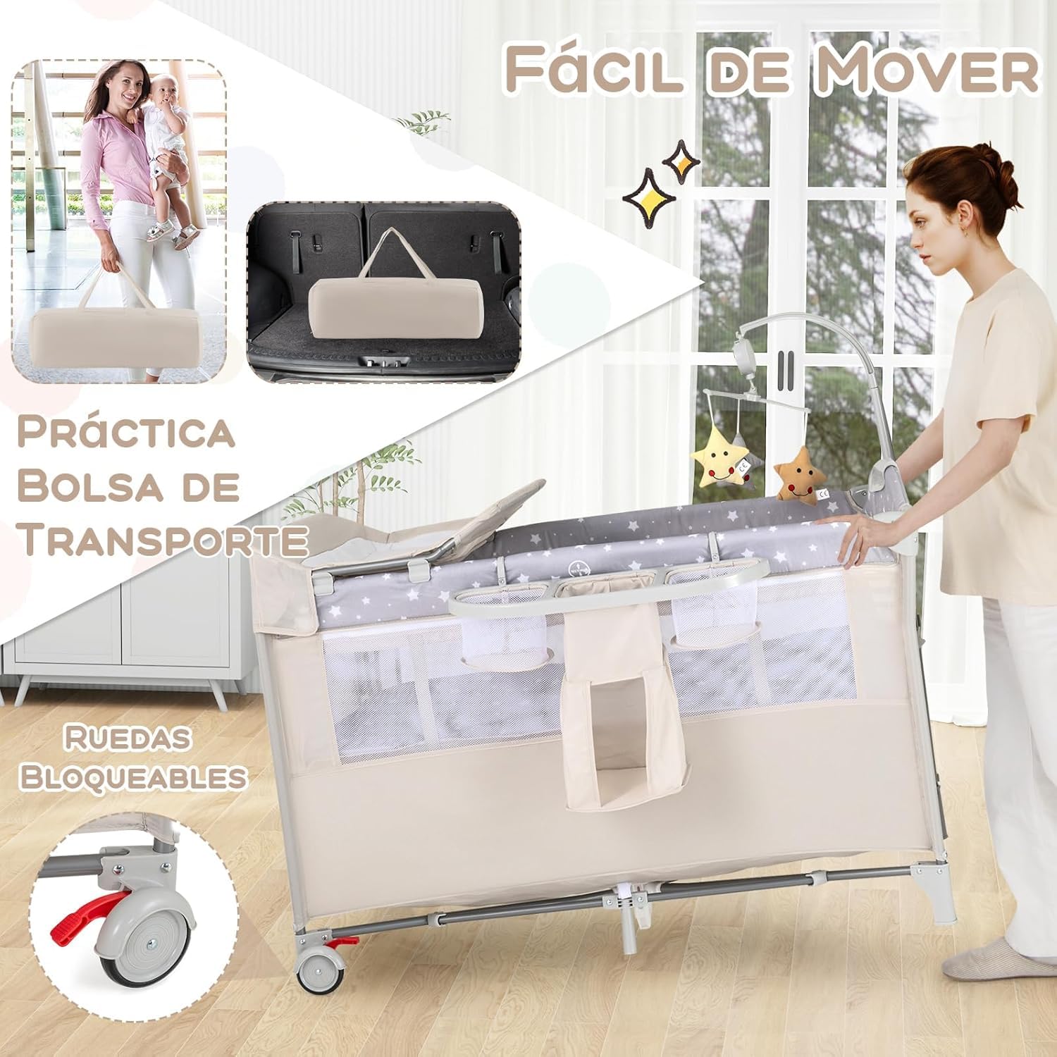 GOPLUS Cuna de Viaje para Bebé 5 en 1, Cuna Colecho Plegable con Cambiador de Pañales, Juguetes, Caja de Música, Colchón y Estante, Parque Bebe Portátil con Bolsa de Transporte (Beige)