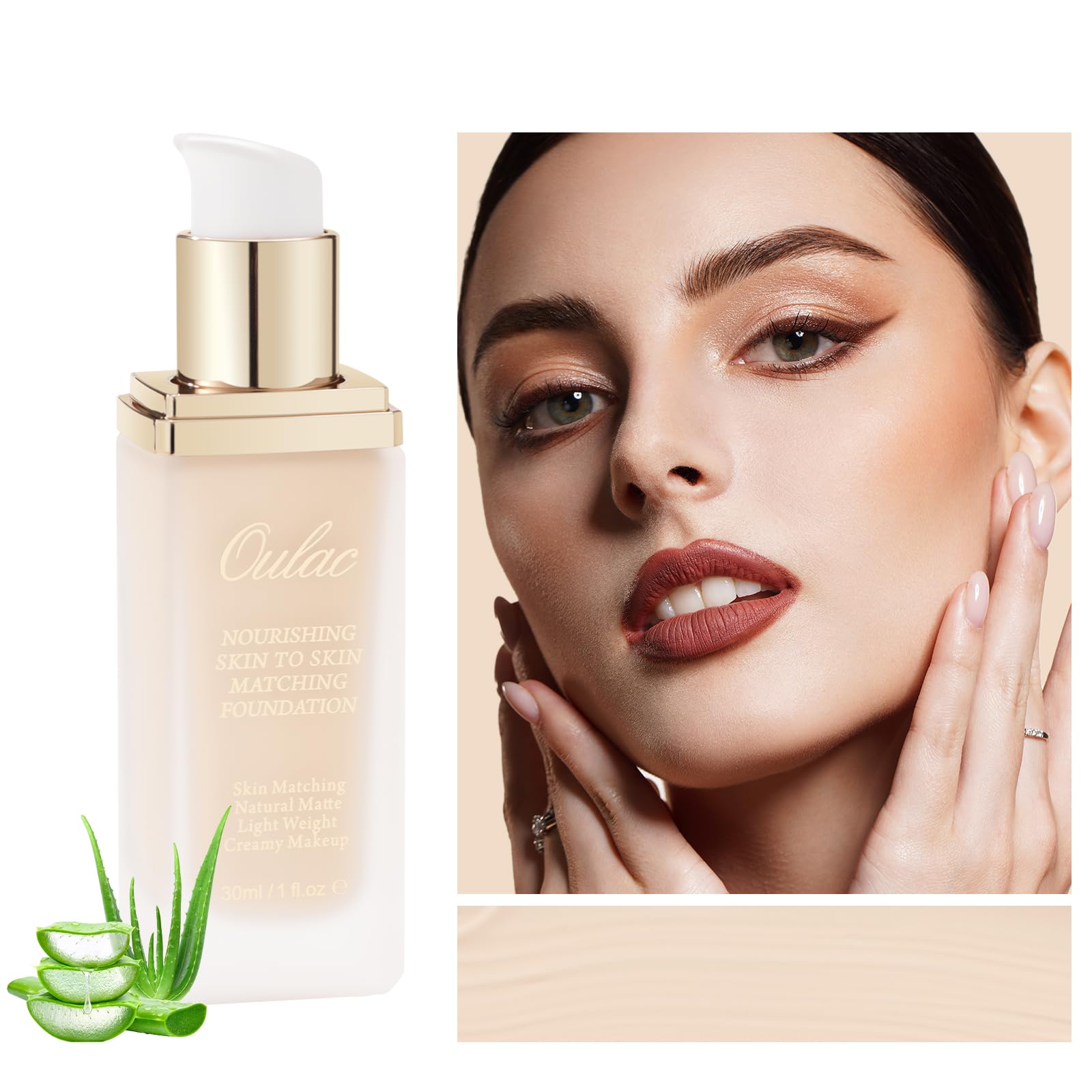 Oulac Foundation Make Up - Skincare Infused With Aloe Leaf and Vitamin E, Medium to High Coverage Liquid Vegan Foundation 30ml, Shade: Porcelain 01