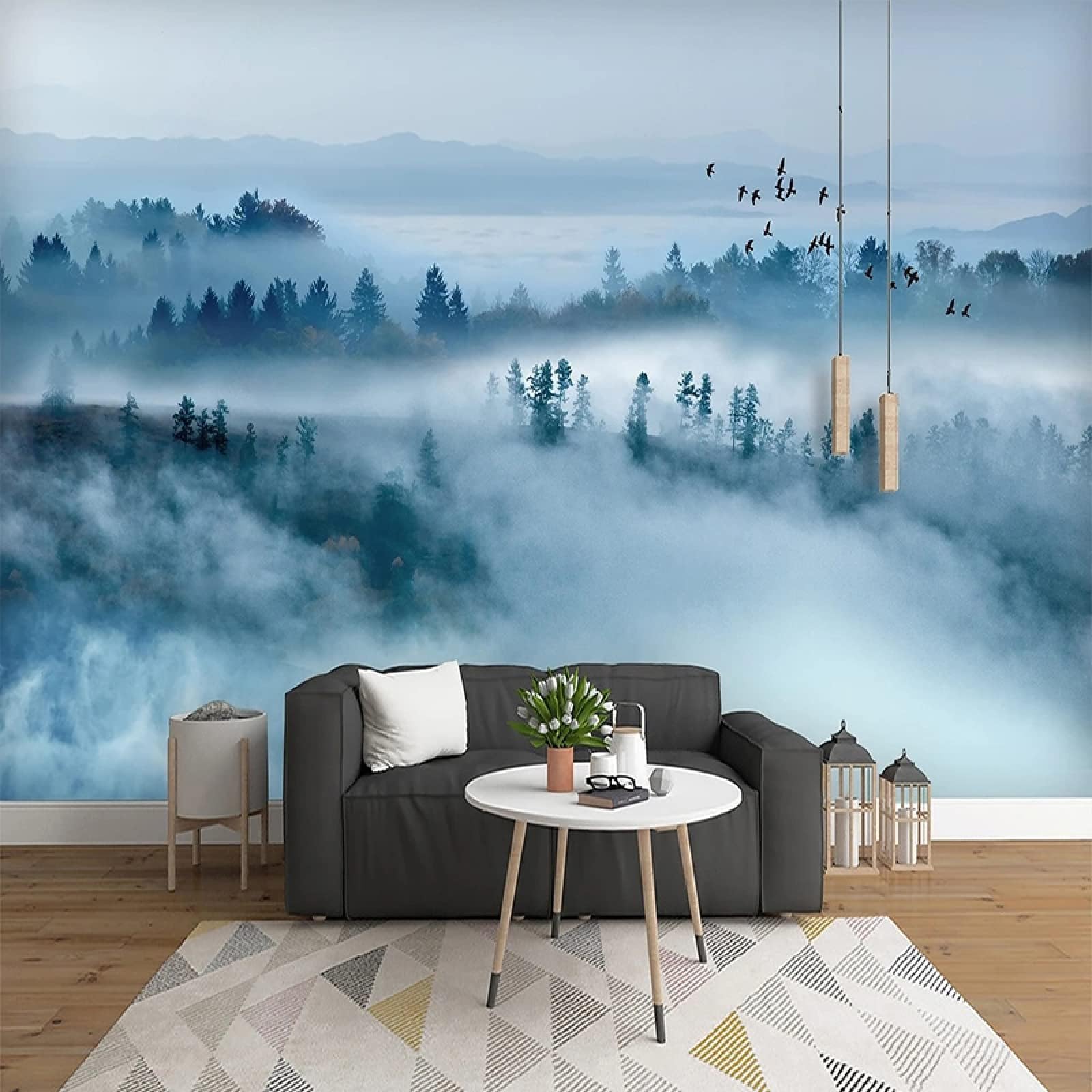 Papier Peint Autocollant 3D – Forêt Bleue Avec Lac – H2833 – Amovible – Erin
