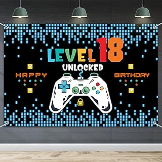 HAMIGAR 6x4ft Happy 18th Birthday Baner Backdrop - Level 18 Unlocked Birthday Decorations Party Supplies for Boys - Blue