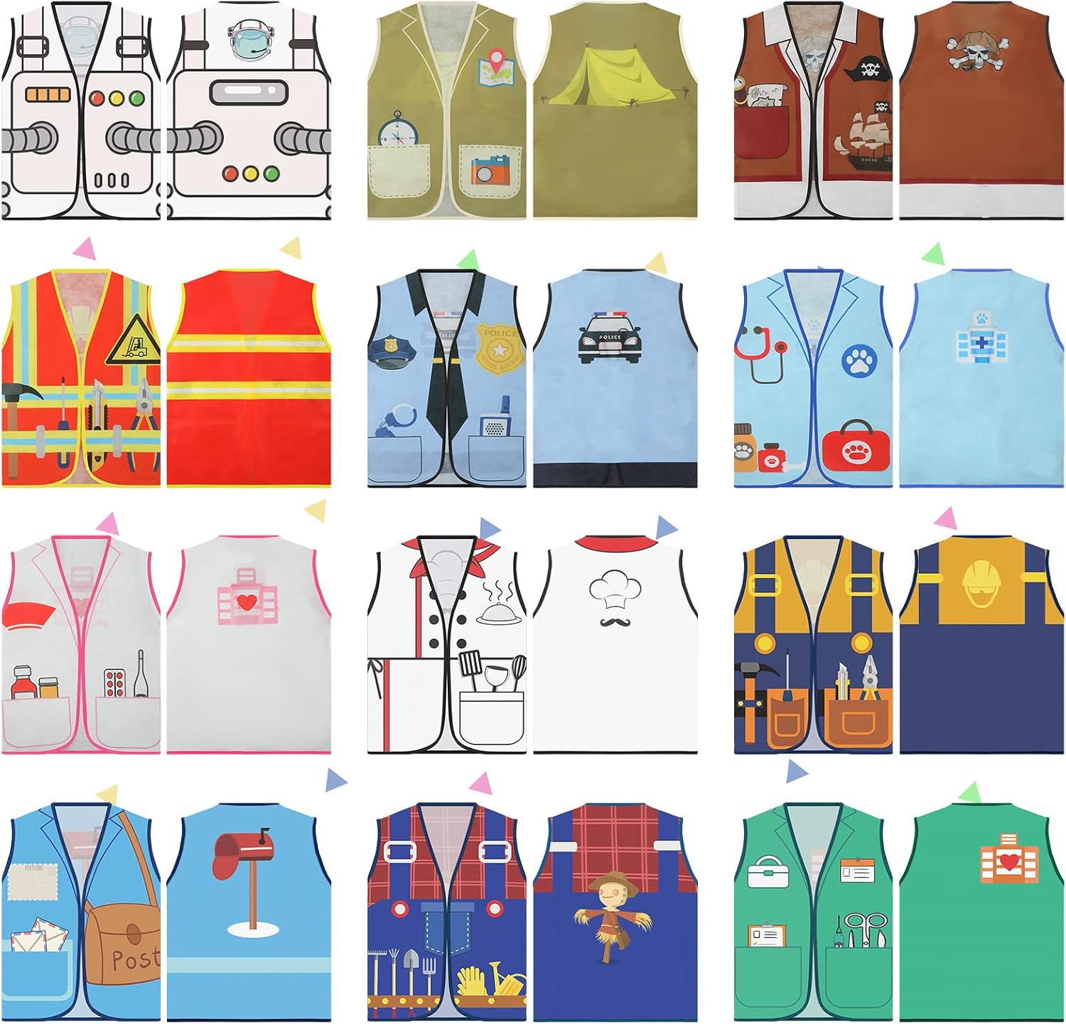 Janmercy 12 Pcs Kids Community Helpers Costumes Preschool Dress Vest Career Cosplay Cloth Toddler Occupation Pretend Role Play for Kids Dramatic Play Toys