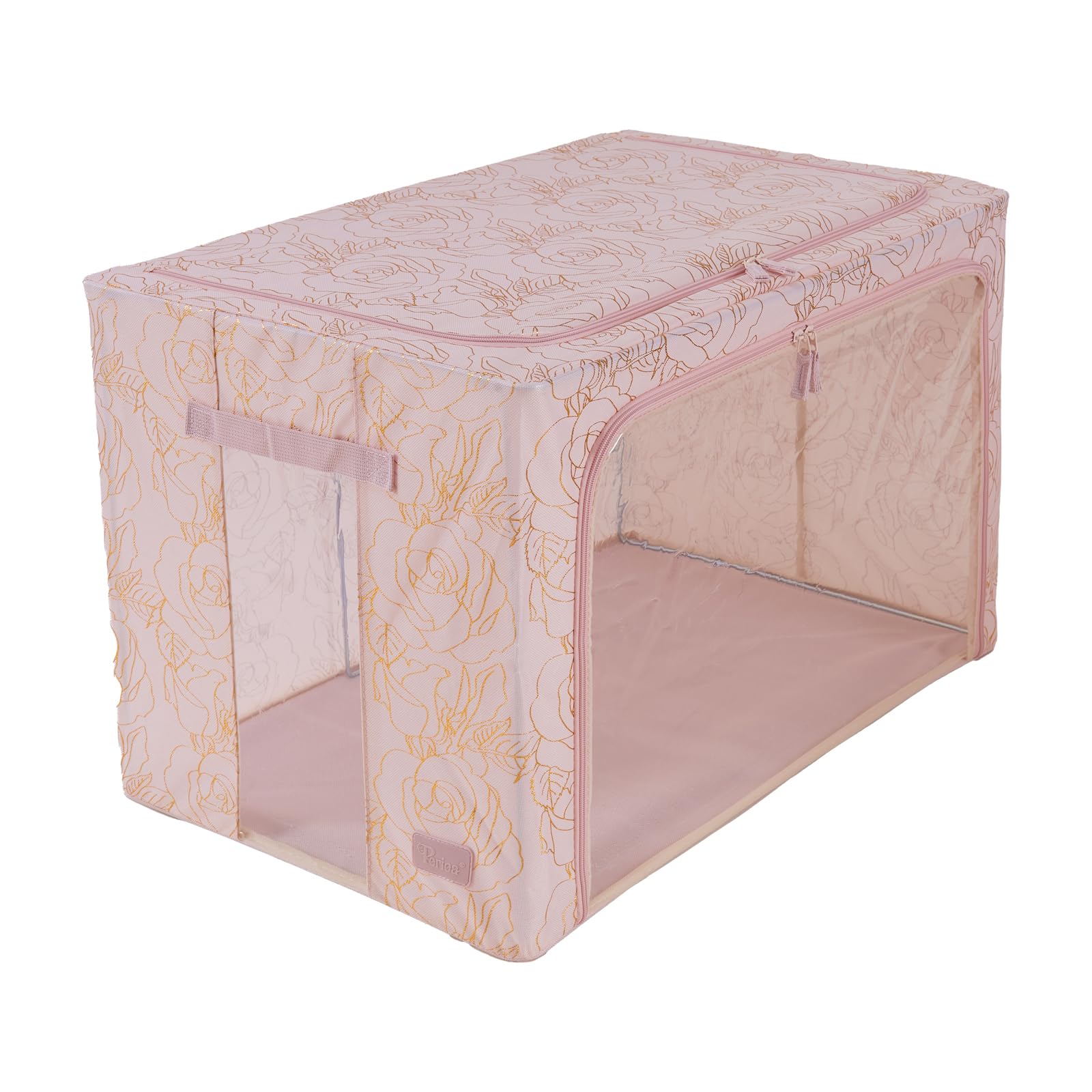 Periea ‘Beau’ Folding Collapsible Stackable Fabric Home Storage Boxes with Steel Frames (Metallic Floral Blush, Jumbo)