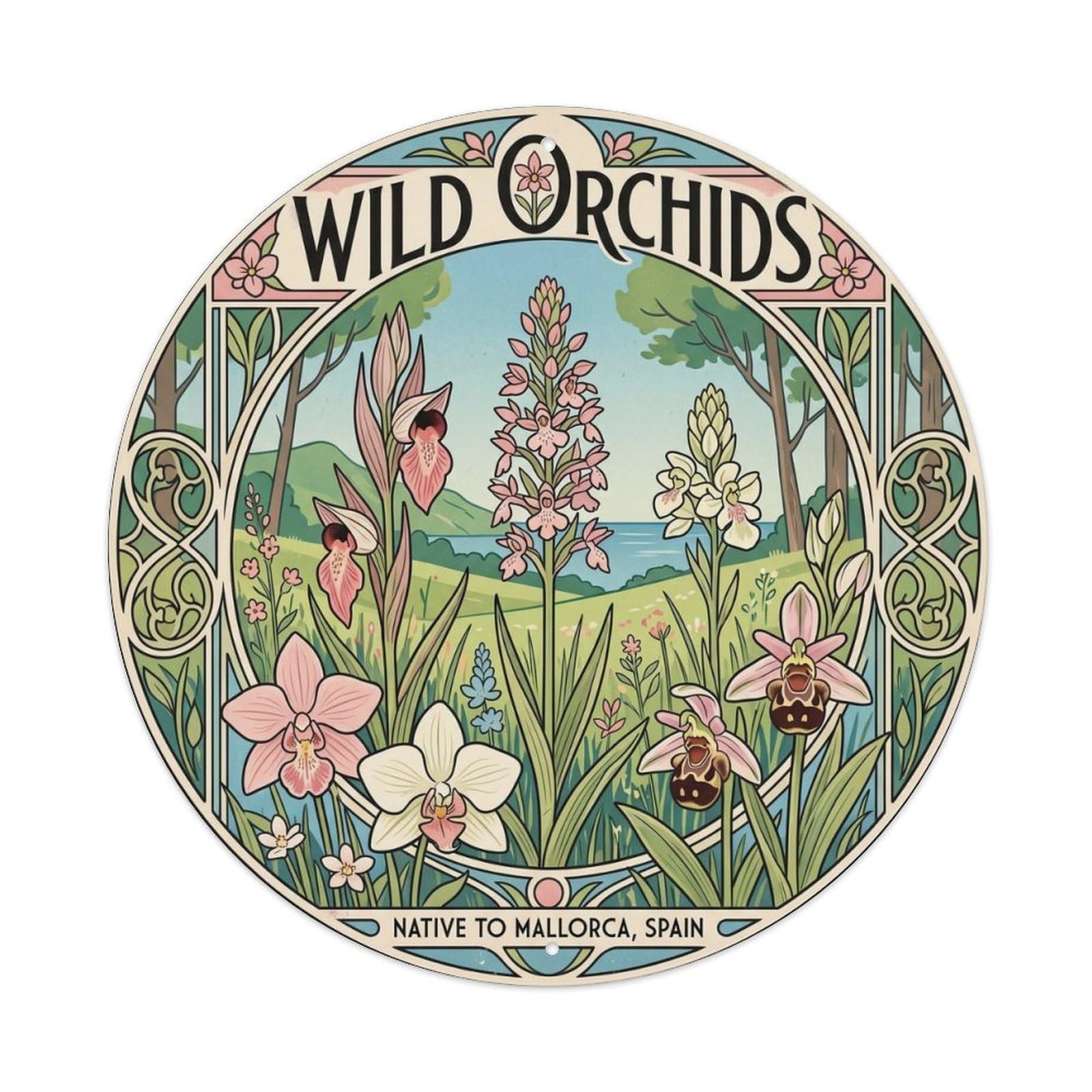 Okahys 8X8inch Classic Style Mallorca Wild Orchids Mediterranean Island Mountain Metal Tin Sign