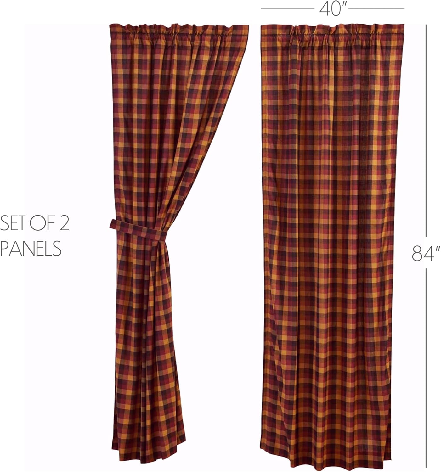 VHC Brands Heritage Farms Window Curtains, Primitive Check Panel Set of 2, Red, 84x40