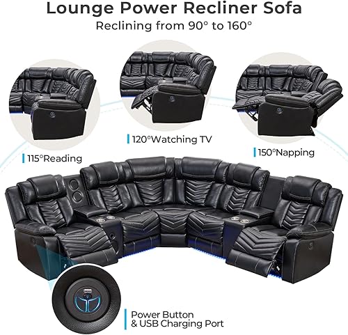 Miniatura 4 de Comfort Stretch Sofá modular reclinable eléctrico con altavoces de graves para sala de estar, sofá modular de esquina reclinable de cuero con luz