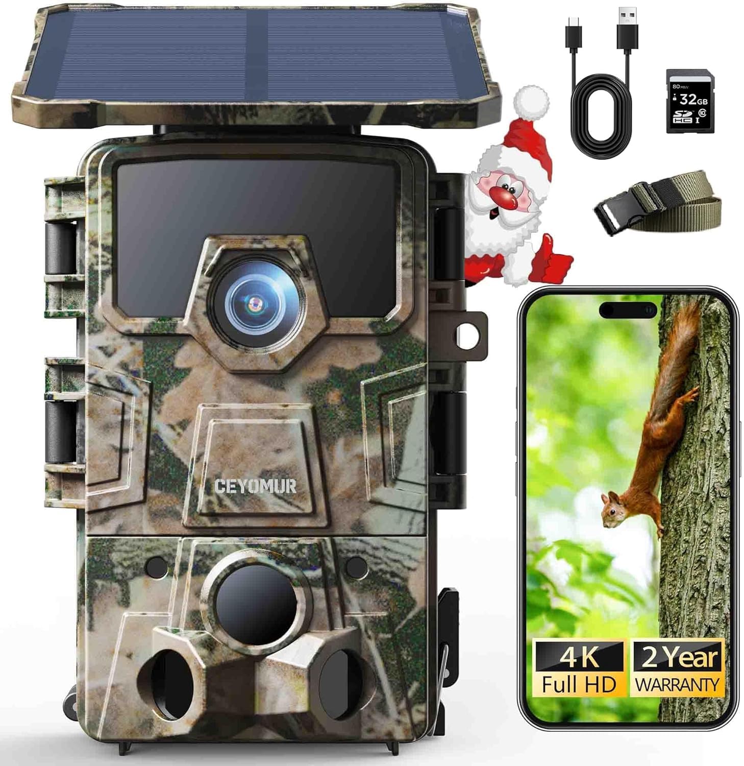 CEYOMUR 4K UHD Fototrappola Solare, Wifi 6 Fototrappola Notturna con 120° Rilevamento Batteria Ricaricabile da 5200mAh, Fotocamera Caccia con Impermeabile IP66 Scheda SD da 64GB