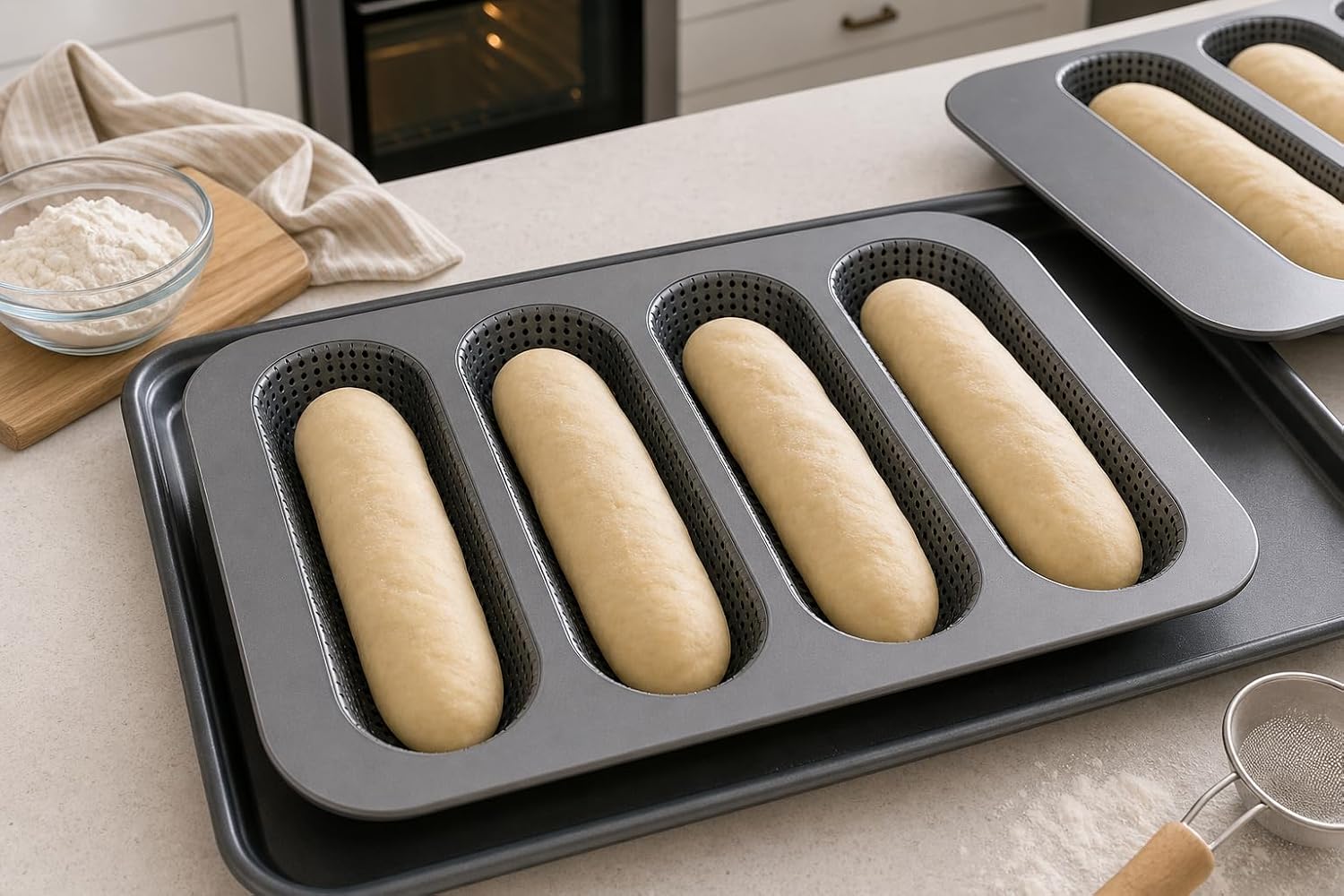 2 Pack Nonstick Carbon Steel Baguette Pan, 4-Cavity Perforated French Bread Baking Mold, Hot Dog Bun Pan for Homemade Bread, Mini Loaf, Sub Rolls and Baguettes, Gray