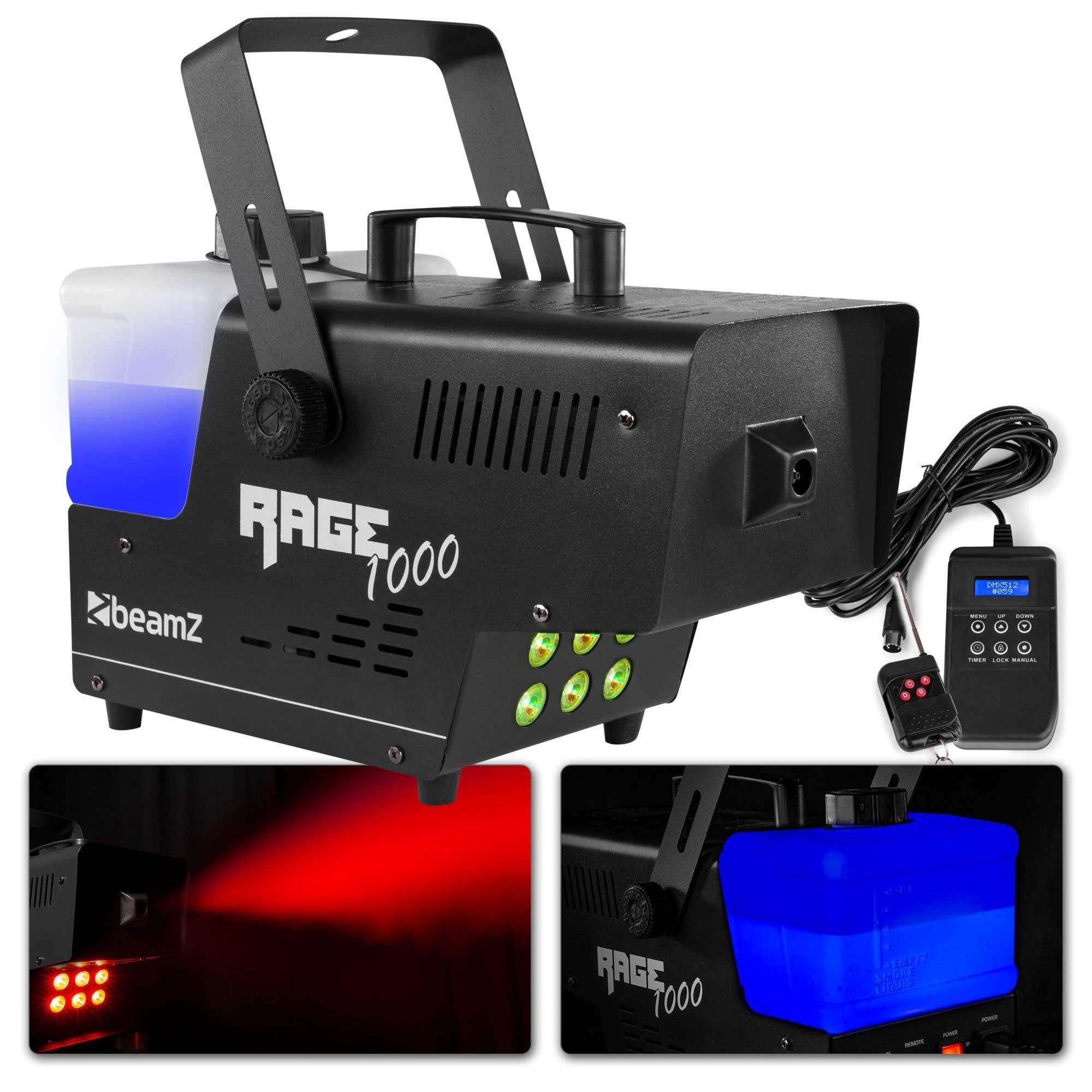 BeamZ RAGE1000LED - Máquina de humo con DMX para DJs y discotecas | Máquina de calidad, densidad de humo ajustable, gran capacidad de niebla, para Halloween y fiestas temáticas