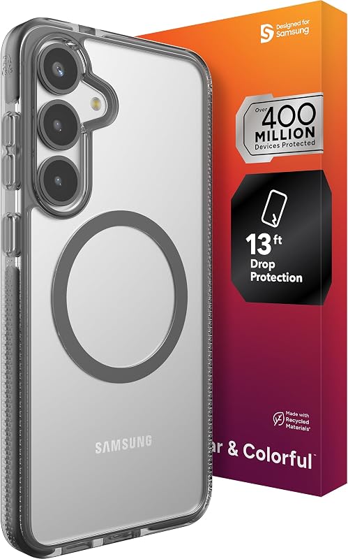 ZAGG Santa Cruz Snap Samsung Galaxy S25+ Case - Slim, 13ft Drop Protection, Fast Wireless Charging Compatible, Graphene Strength, 70% Recycled Material, Anti-Scratch, Secure Grip, Clear, Black