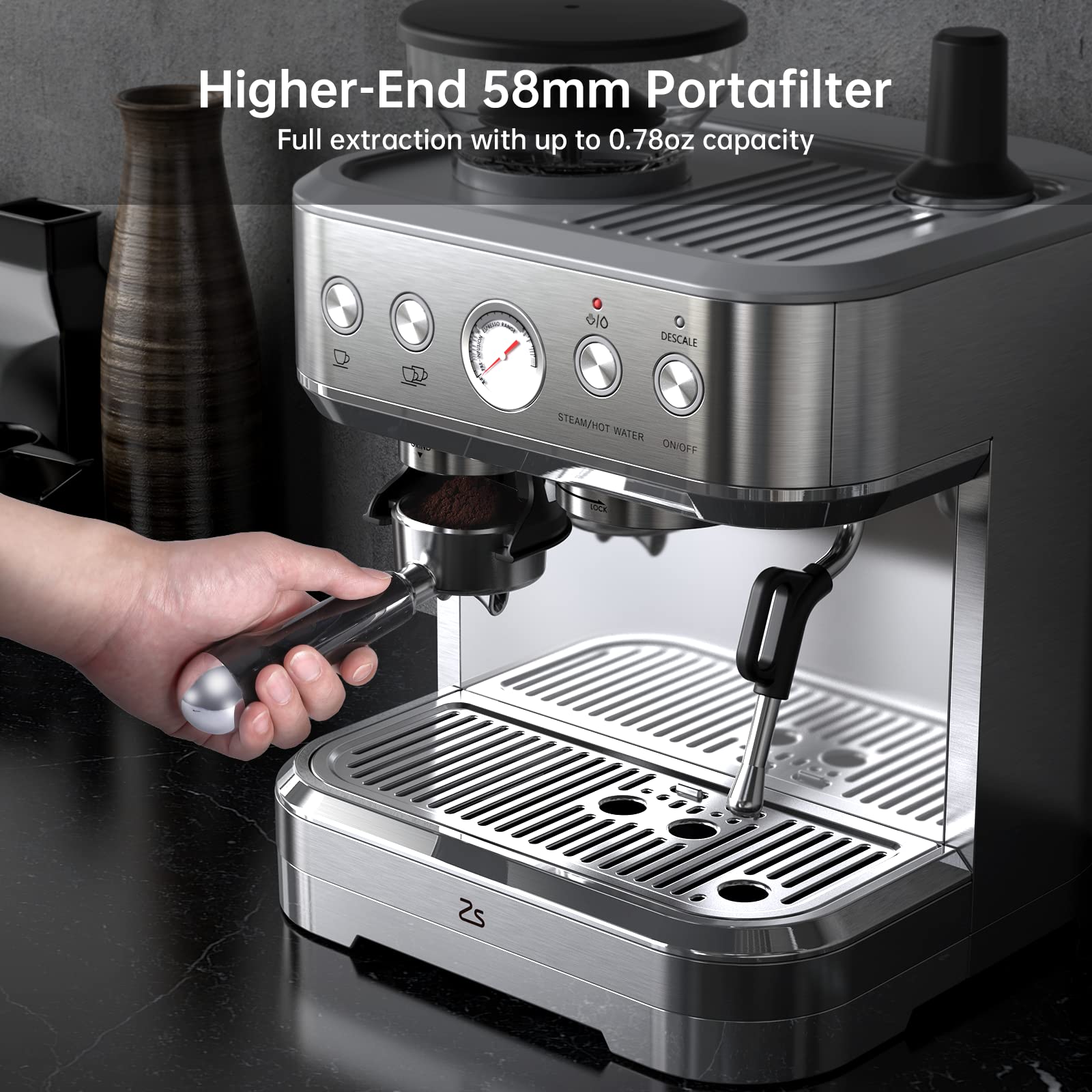 Garvee Macchina per Caffè Espresso Professionale con Macinacaffè Integrato e Schiumatore Latte, 15 Bar, Serbatoio 2.3 L, Acciaio Inox - Ideale per Cappuccino e Caffè in Grani