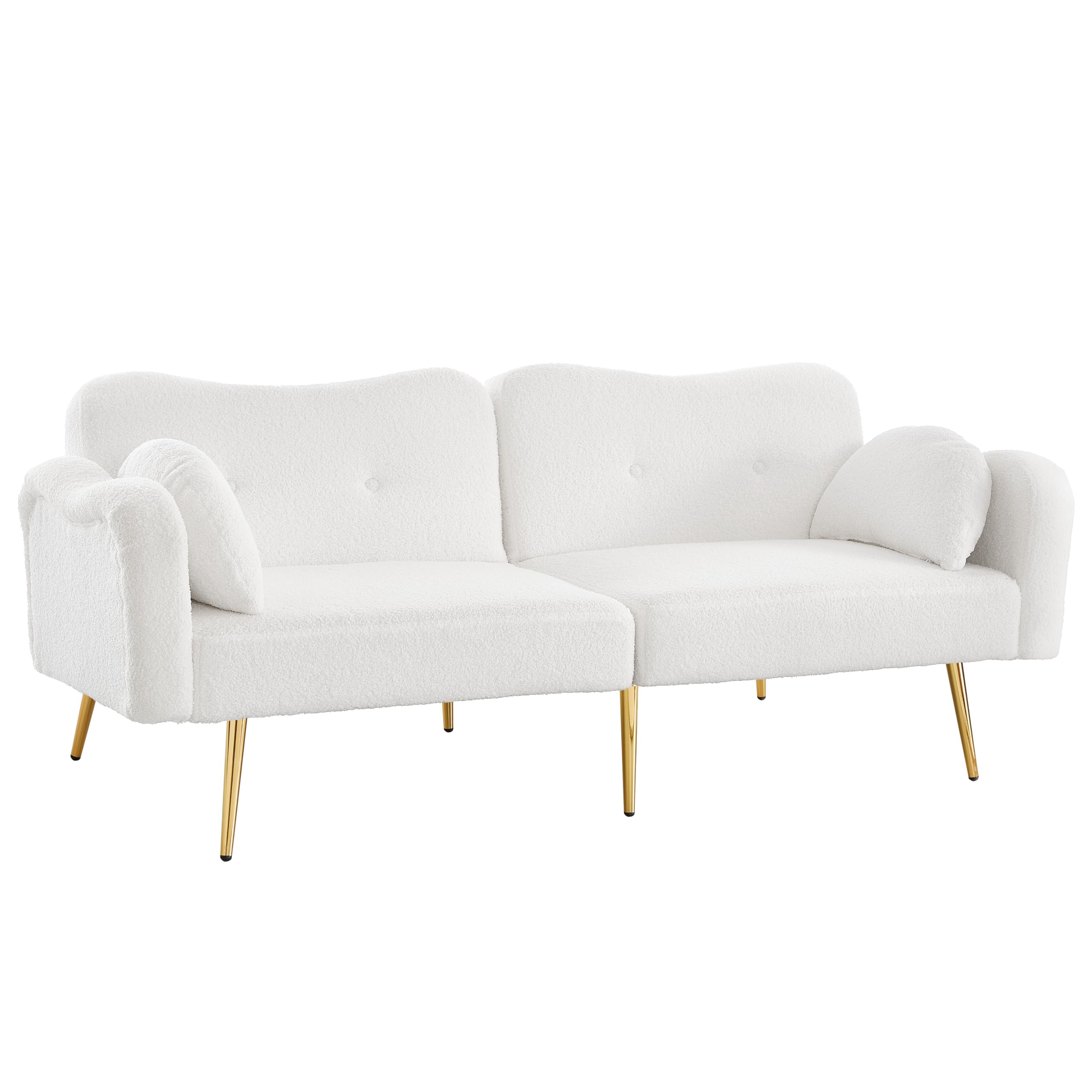 Divano letto a 2 posti, moderno divano a due posti con schienale regolabile, piedini in metallo dorato, funzione letto integrata, mobile multifunzione 2 in 1, bianco