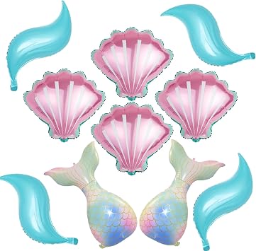 10Pcs Mermaid Tail Balloons Sea Shells Balloons Blue Mermaid Balloon for Baby Shower Birthday Under The Sea Party Decorations Supplies