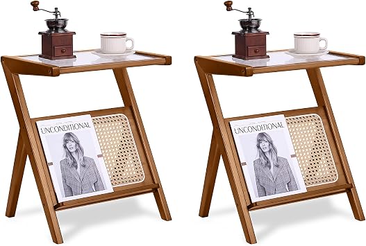 Tiita 2 Pack Large Brown Rattan Nightstands, Bamboo Glass Top Side Tables