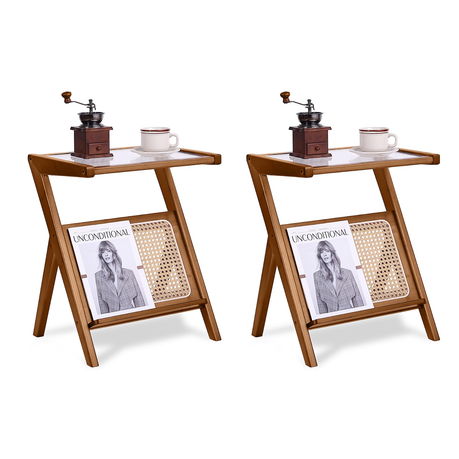 Tiita 2 Pack Rattan Side Table, Mid Century Nightstand, Bamboo Accent Bedside Tables, Glass Coffee Tables, Boho Wooden End Table with Storage for Small Space, Living Room and Bedroom