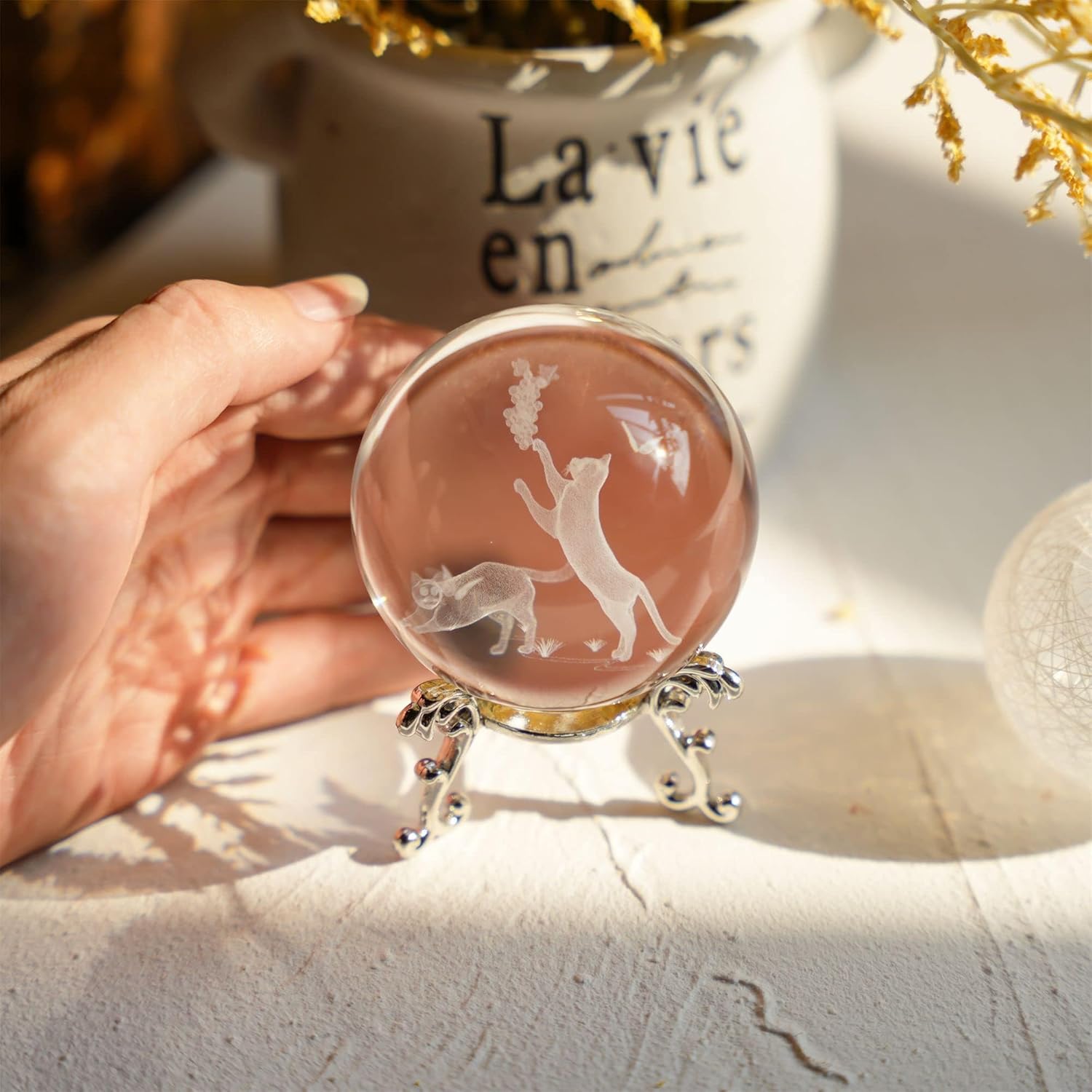 Cat Crystal Ball with Stand 60mm 3D Engraved Decorative Glass Sphere Paperweight(Clear)