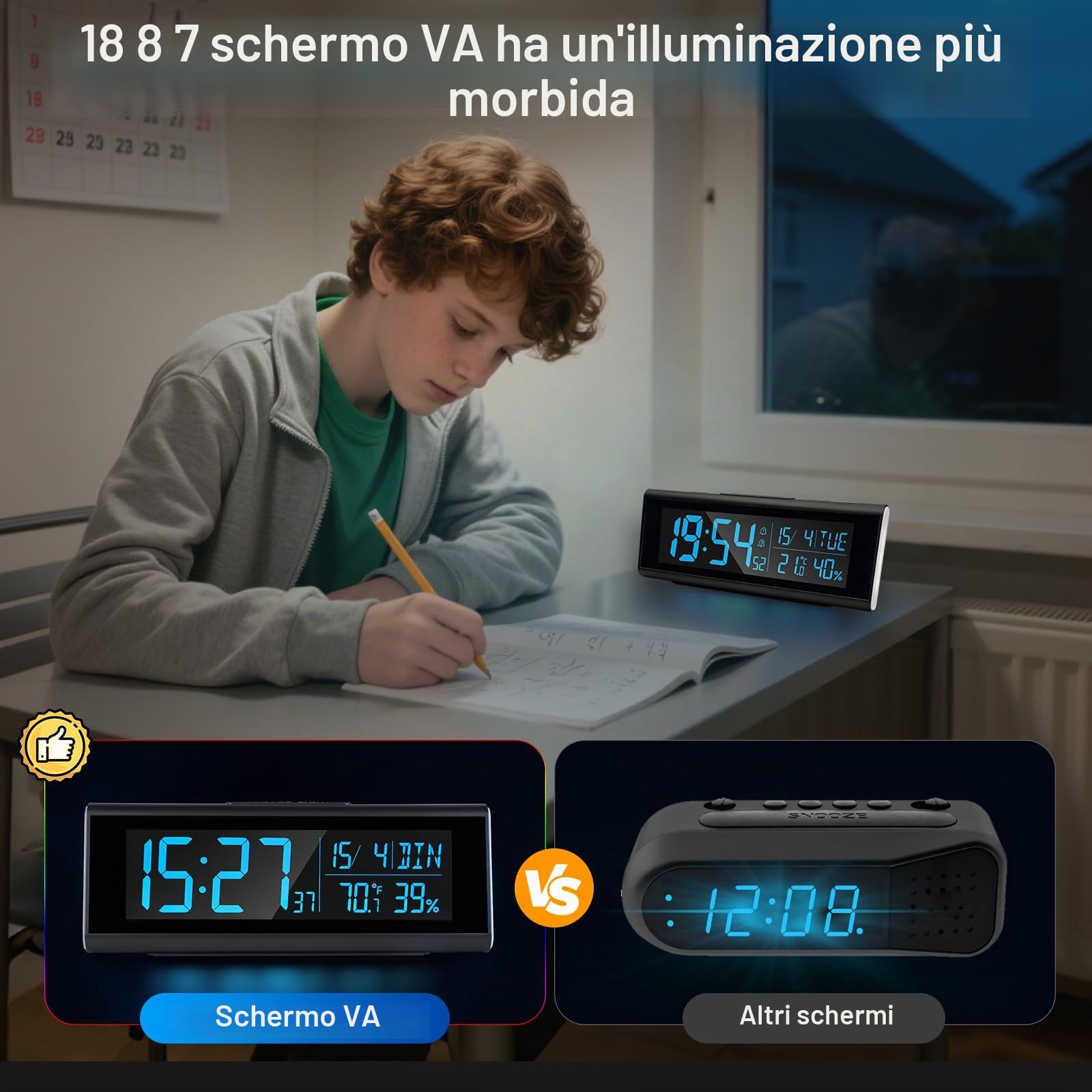 Seutgjie Sveglia Digitale da Comodino con Luce RGB Secondi Data Settimana Temperatura Umidità VA Display DST Funzione doppio allarme Modalità Snooze Formato per Scrivania Camera da Letto Ufficio