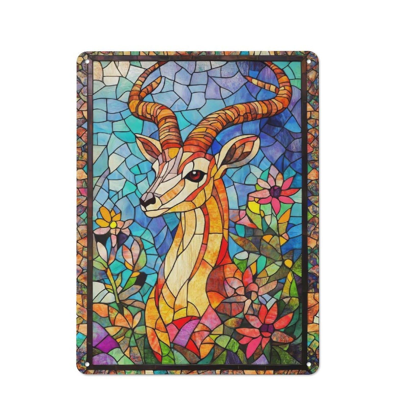 Junmoney Stained Glass Deer 40X30cm Rustic Tin Sign With For Garage Or Workshop, For Vintage Wall Decor Fans, For Kitchen And Home Bar Decor