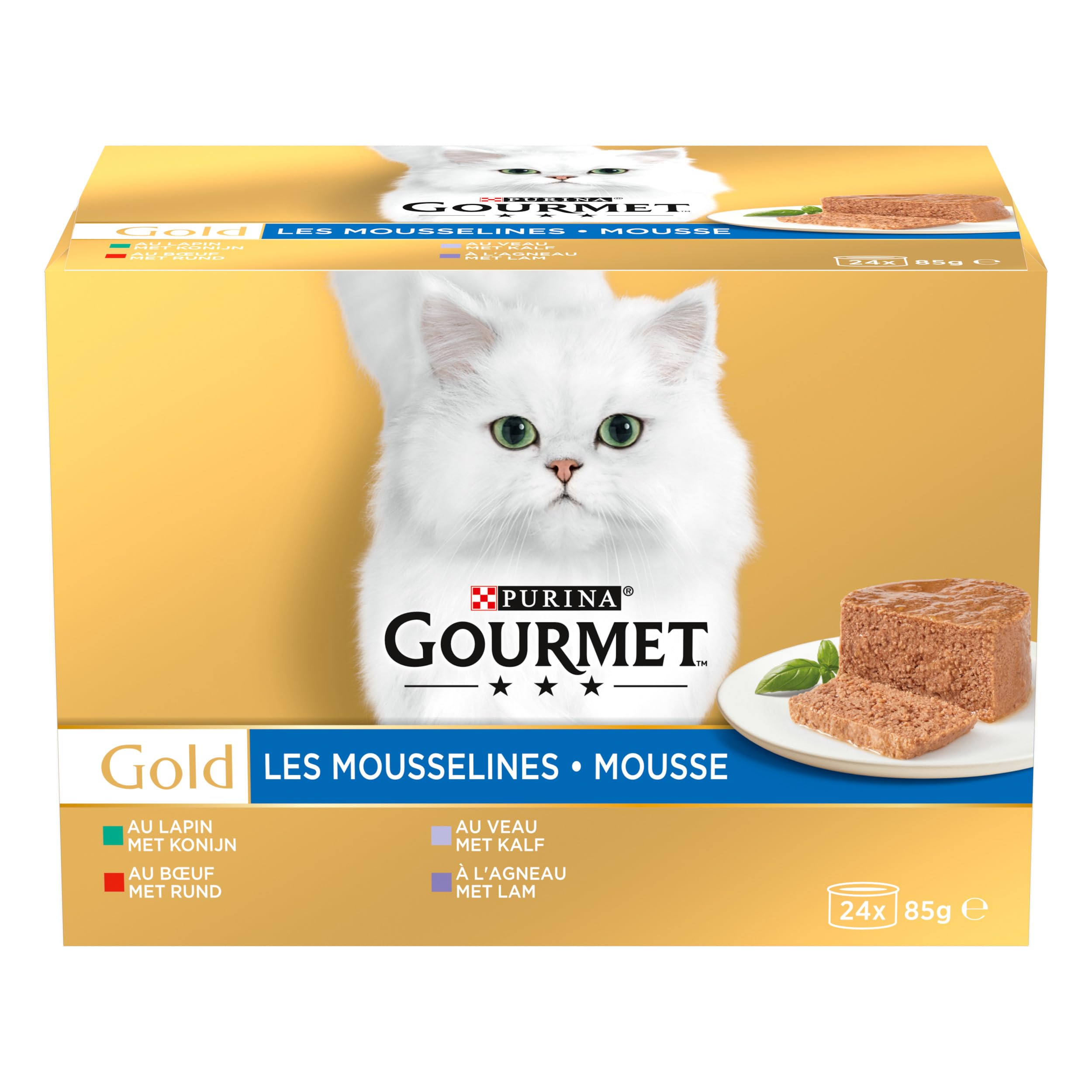 GOURMET | GOLD | Chat | Les Mousselines | Aliment Complet pour Chat Adulte | Lapin, Bœuf, Veau, Agneau | Boite |Lot de 4 (24x 85 g)
