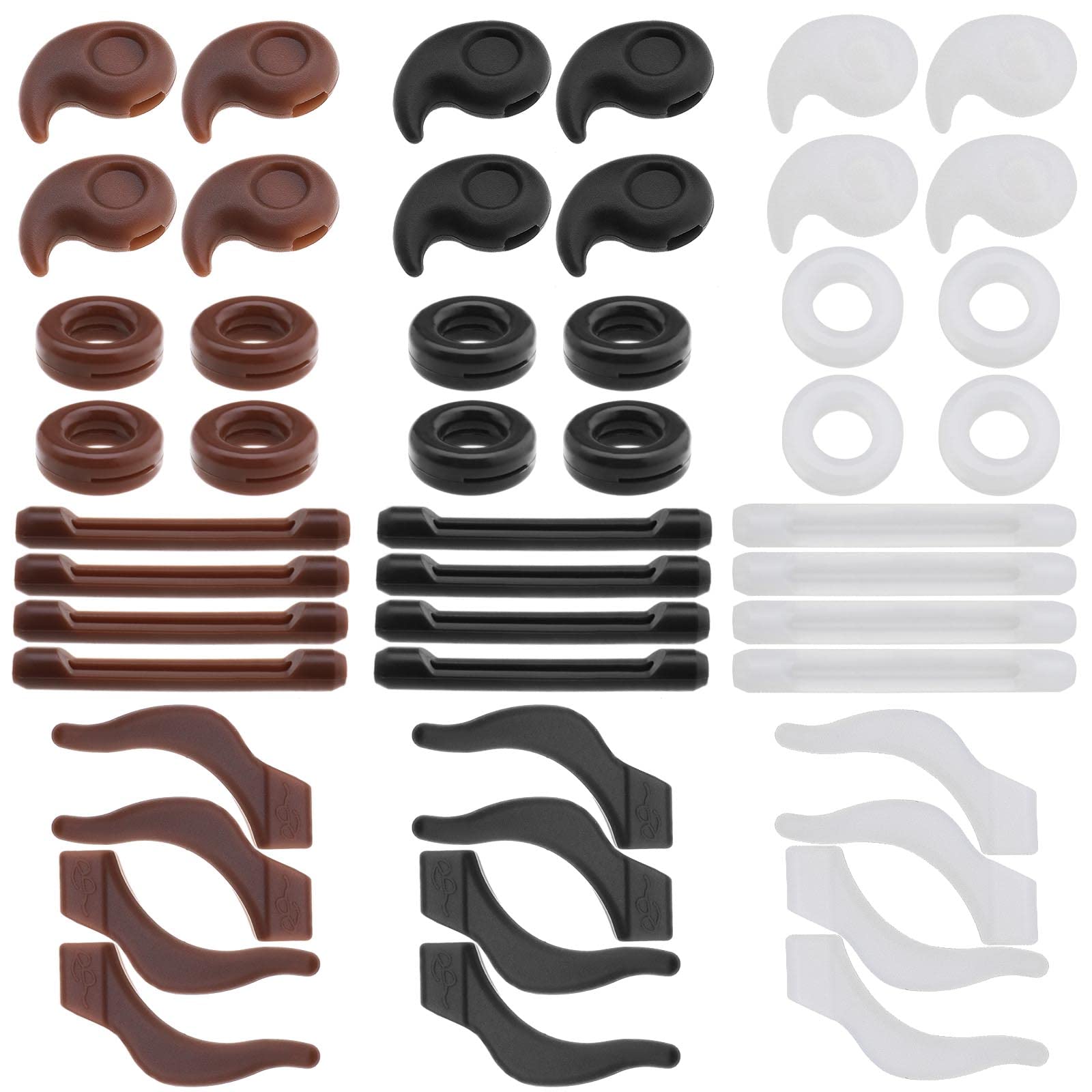 VGOL 24 Pairs Eyeglasses Retainers Silicone Glasses Temple Holders Anti-Slip Protectors Glasses Stoppers Ear Grip Hooks 4 Designs Black White Brown