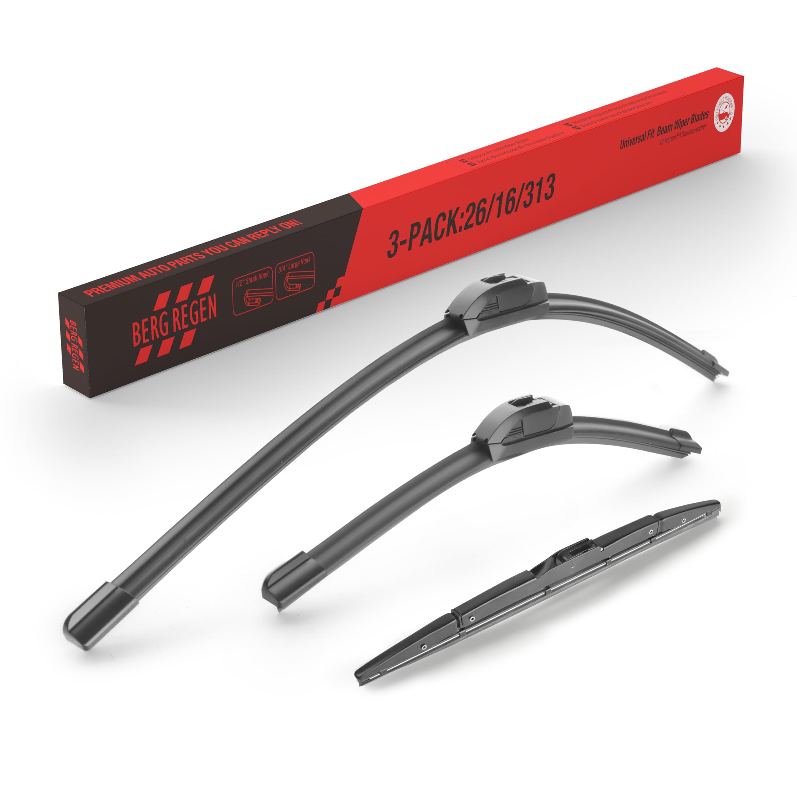 BERG REGEN 3 Wipers Replacement for Honda CRV CR-V 2016 2015 2014 2013 2012, 26"+16" Windshield Wipers with 13" Rear Wiper Premium All Weather Blades (Set of 3) U/J Hook