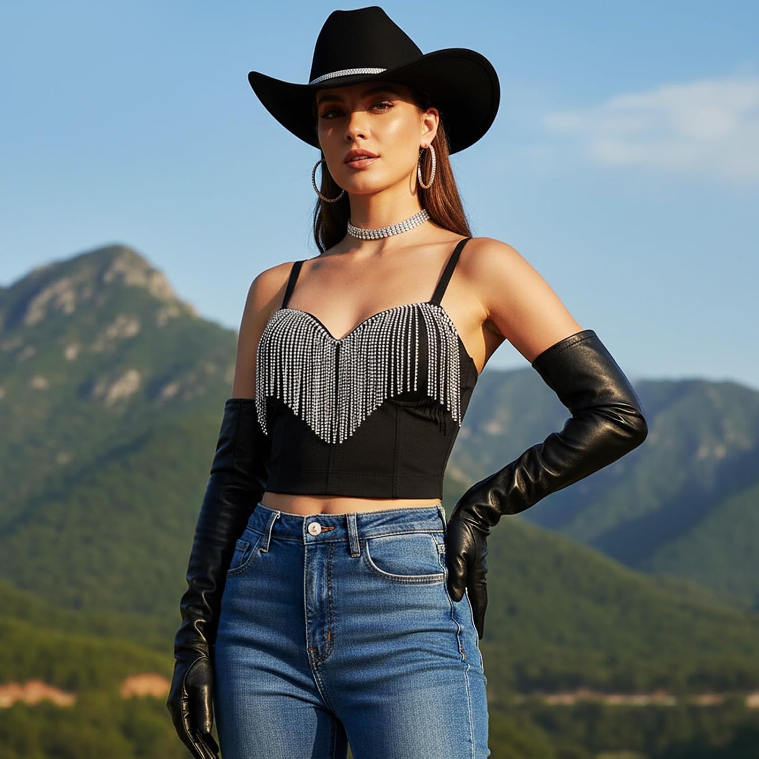 Chicingyou 7 Pcs Cowgirl Outfit for Women Rhinestone Cowboy Hat Silver Bling Choker Necklace Hoop Dangle Earring Tank Top
