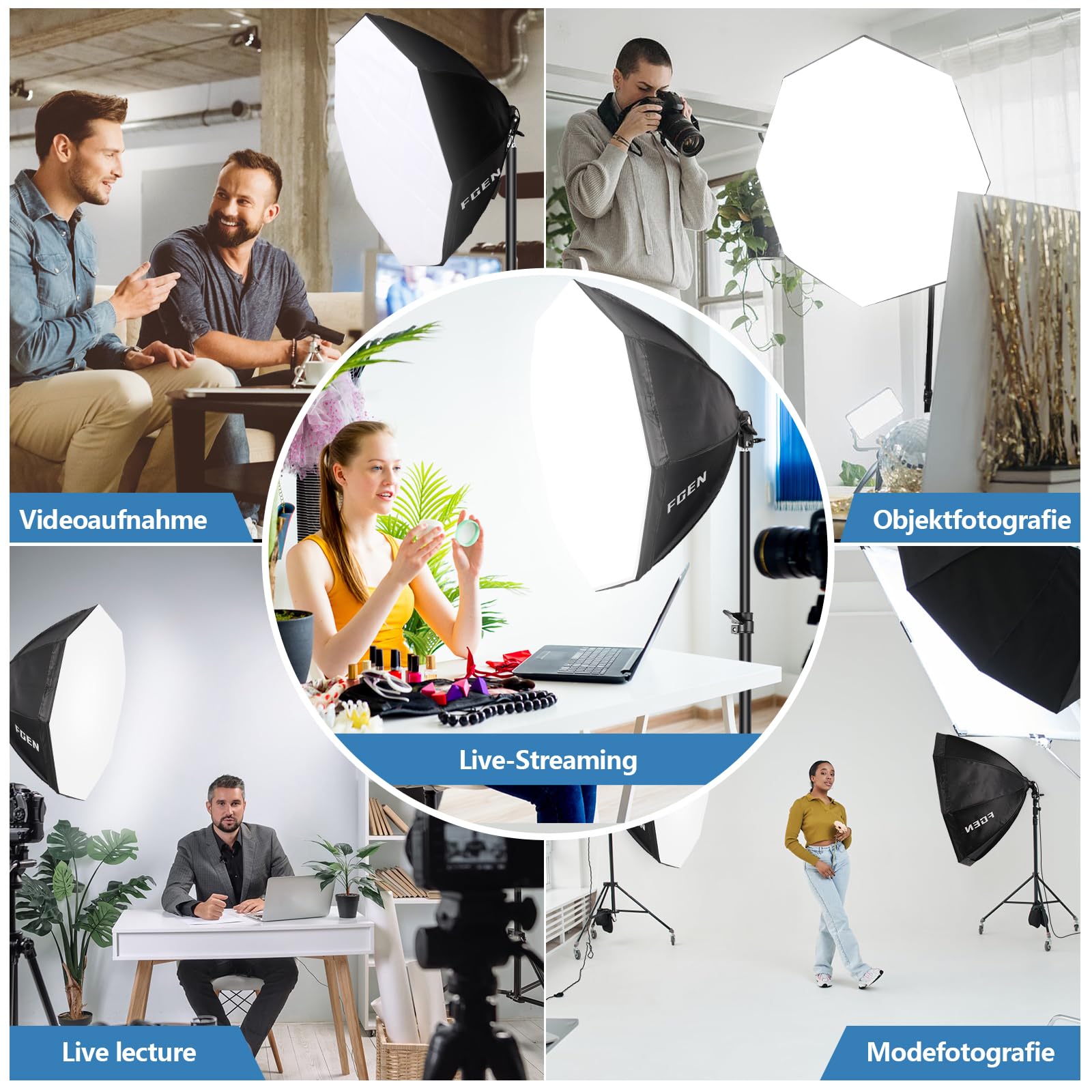 FGen Softbox Set Photo Studio, 70 cm Octogonal Softbox LED Photo Light avec 135 W 3000-6500 K, 2 m Trépied Entièrement Réglable Lumière de Photographie pour Youtube, Enregistrements