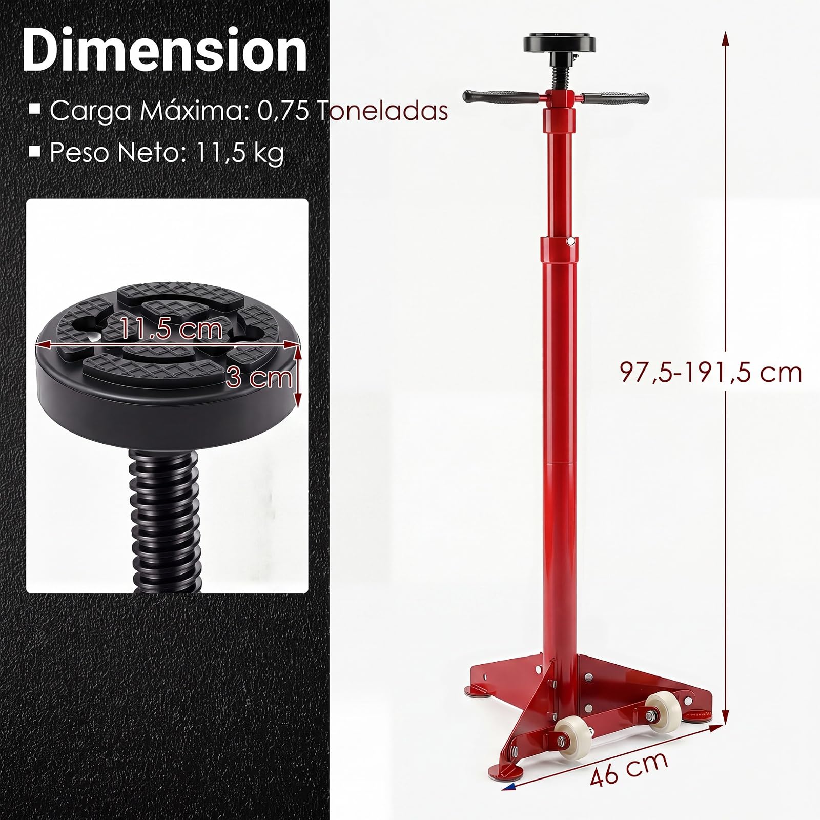 COSTWAY Soporte de Gato, Gato Telescópico con Ruedas, Capacidad de 750 kg | Altura Regulable de 97,5-191,5 cm, Asas Antideslizantes, Plataforma de Goma, para Tareas de Reparación