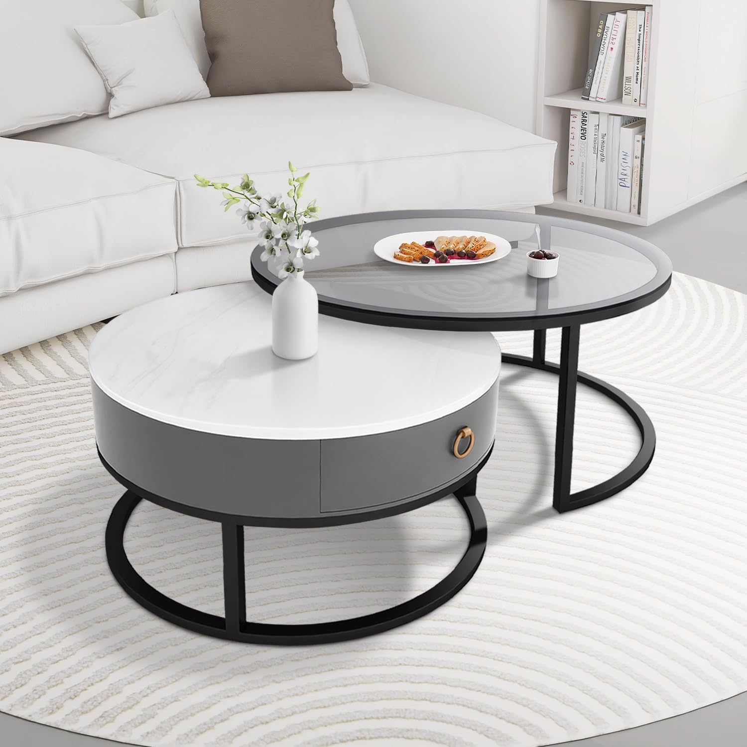 MASAKA B&W Nesting Coffee Table Set of 2 with Drawers - Tempered Glass Top & Storage Drawers, Modern Stackable Side Tables with Metal Frame for Living Room (White and Black)