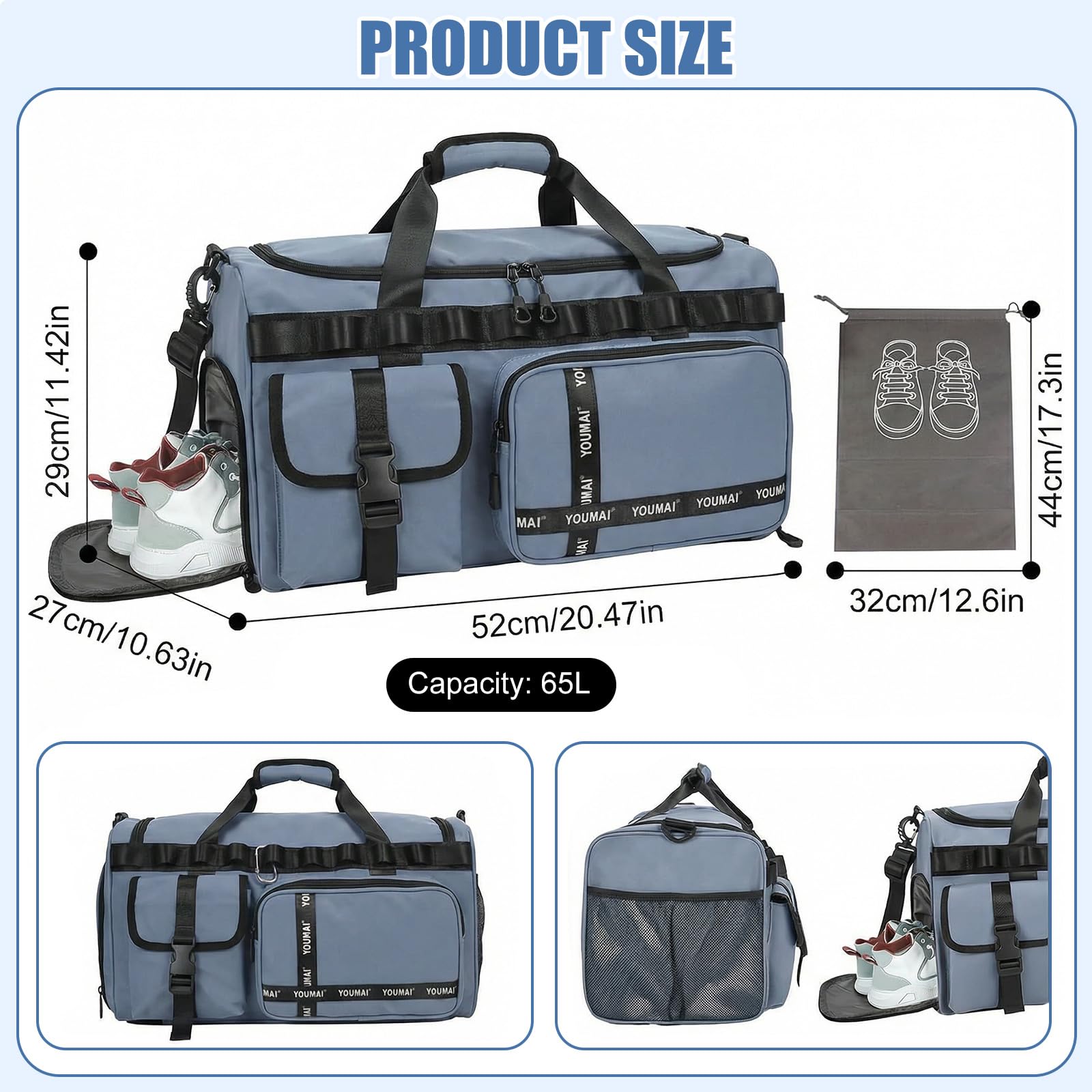 Bolsa de deporte de viaje para hombre y mujer, grande, 65 L, con compartimento para zapatos y compartimento húmedo, gran capacidad, bolsa de viaje, bolsa de natación, bolsa de dormir (azul) - 4
