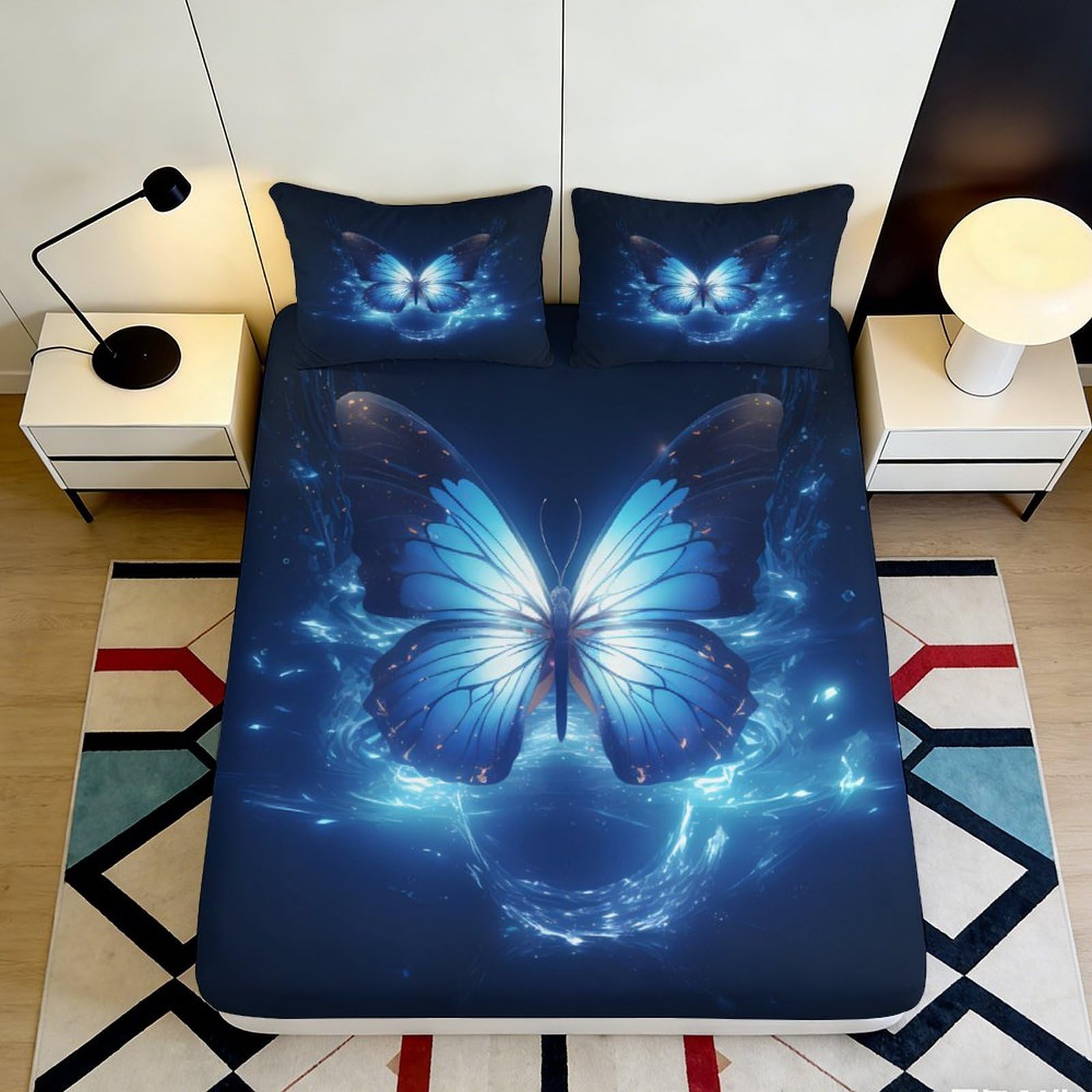 Pnayamiorkfel Style-8 3D Printed Blue Butterfly Fitted Sheet Microfiber Bedroom Decor Artistic Mattress Cover For Home Dorm Guest Room Easy Care 90X200x25cm