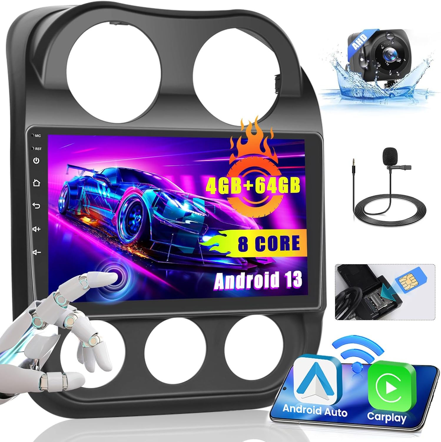 Hikity 4+64GB Android 15 Carplay Radio for Jeep Patriot Compass 2010-2016 with Wireless Carplay Android Auto, 10.1'' Touch Screen Stereo Support SIM Card GPS Bluetooth, EQ DSP, Backup Camera MIC