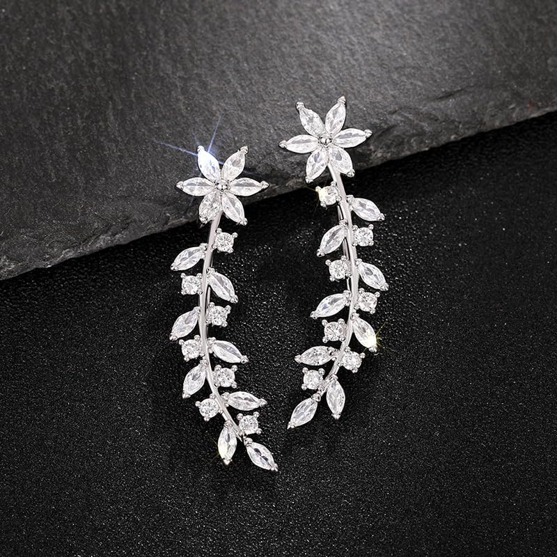 Sparkly 14K Gold Plated Cubic Zirconia Ear Crawler Earrings Crystal Leaf Ear Climber Earrings Faux Diamond Flower Fashion Simple Chic Stud Earrings in Rose Gold White Gold and Yellow Gold (silver)2