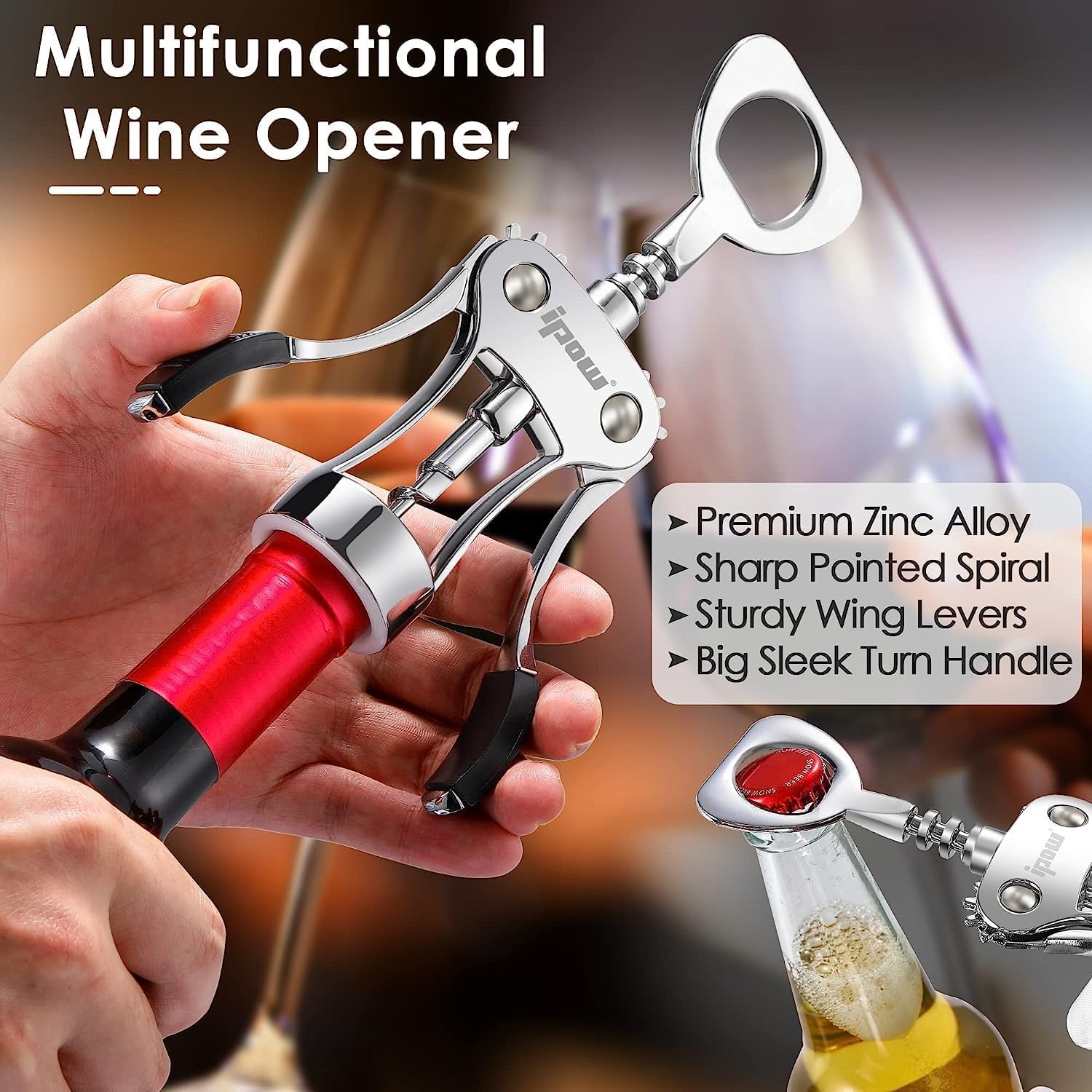 4-in-1 Korkenzieher Set, ipow Weinöffner Set mit Zinklegierung Flaschenöffner, Folienschneider, Weinausgießer und Vakuum Weinverschluss, perfektes Weinflaschenöffner Zubehör für Weinliebhaber