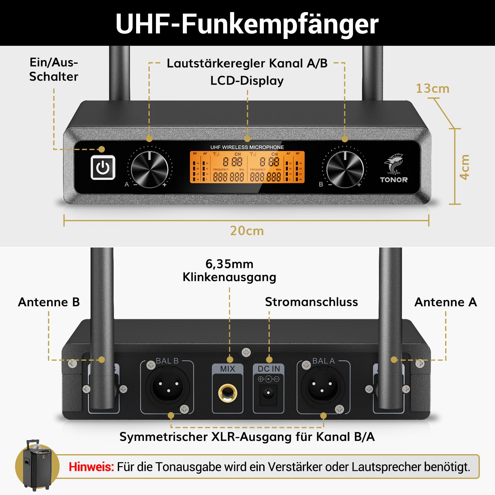 TONOR UHF Funkmikrofon Set, professionelles dynamisches Drahtlos-Doppelmikrofonsystem mit 2 Handmikrofonen, Karaoke-Set für Party, DJ, Kirche & Hochzeit, bis zu 60 m Reichweite, TW820, Silber