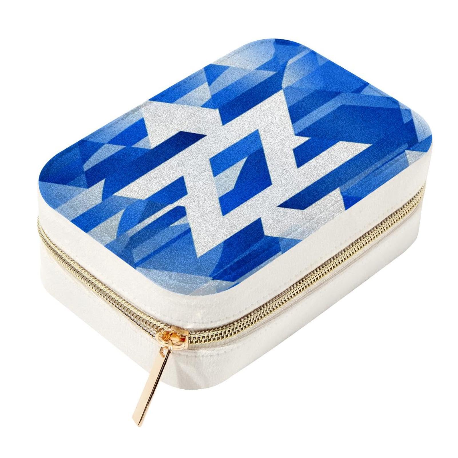 Boîte à bijoux de voyage géométrique bleue et blanche pour bagues et colliers