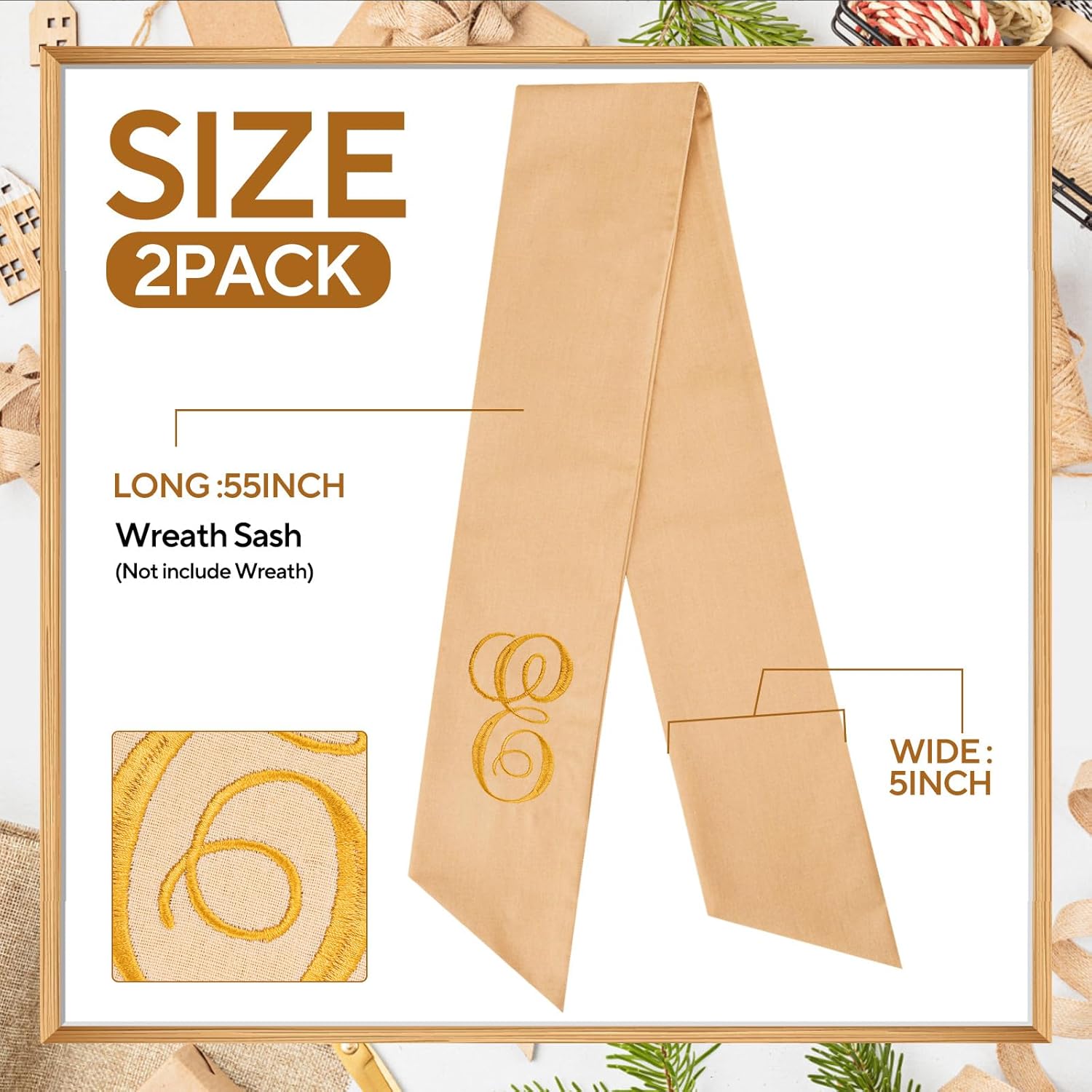 2 Pcs Burlap Wreath Sash, Linen Embroidery Monogram E, Polyester, Burlap, Gold, 5x55 Inches, General Home Decor - Image 2