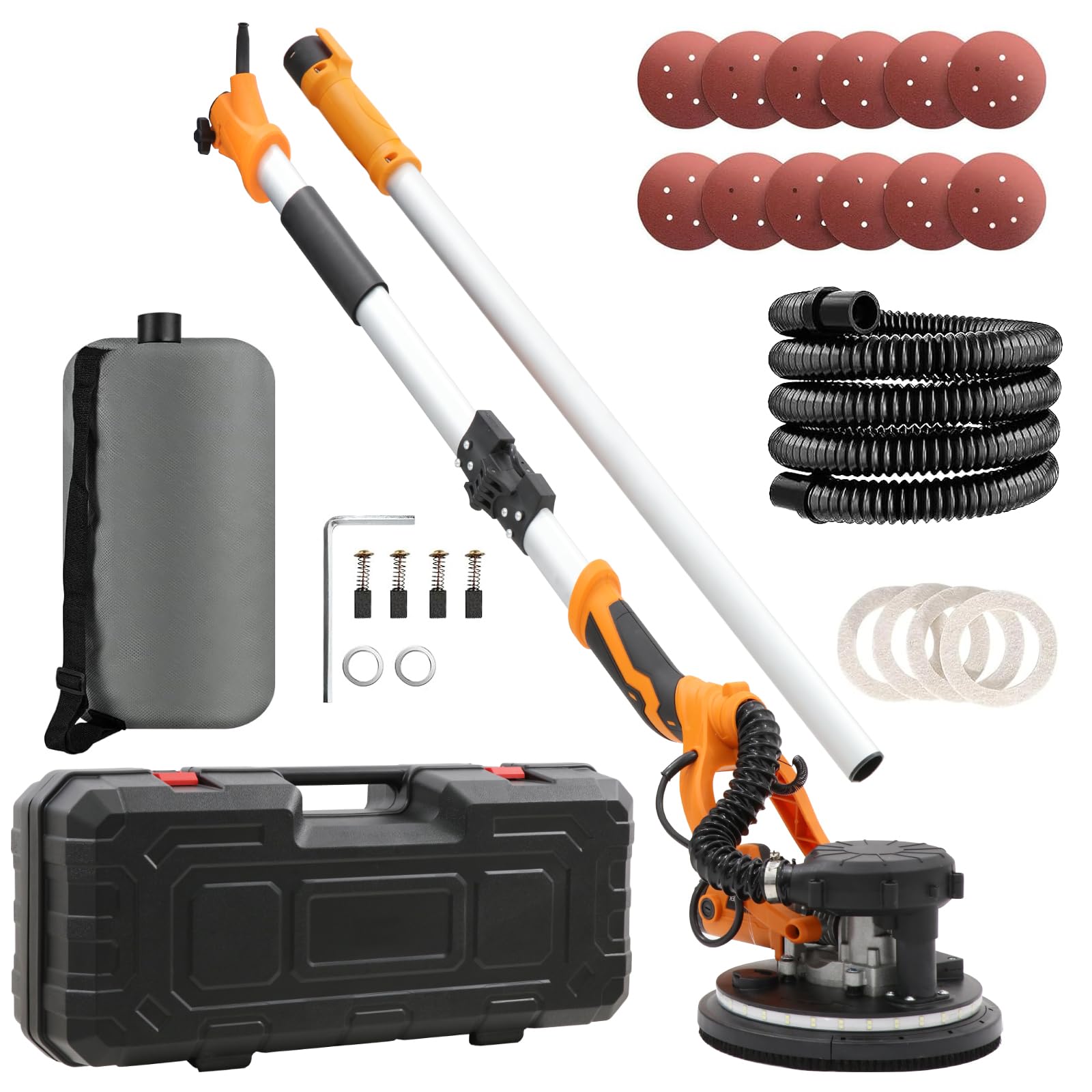 Lijadora de paneles de yeso 1250 W – 5 velocidades 500 – 1800 rpm, diámetro 225 mm, disco de lijado, mango extensible, luz LED, extracción de polvo con manguera, incluye bolsa de