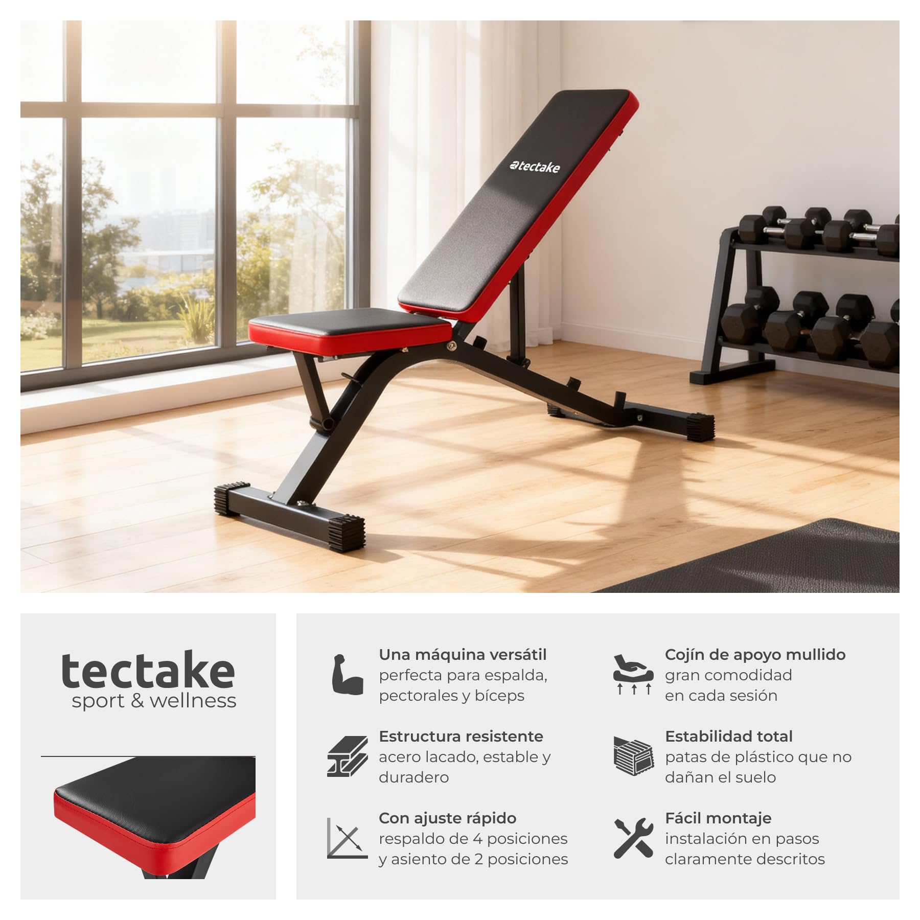 tectake® Banco Musculación Plegable Acolchado Cuero Sintético Resistente con Respaldo Ajustable, Banco de Pesas, Gimnasio en Casa, Gym en Casa, Ejercicio, Fitness, Rack Musculación - Negro/Rojo