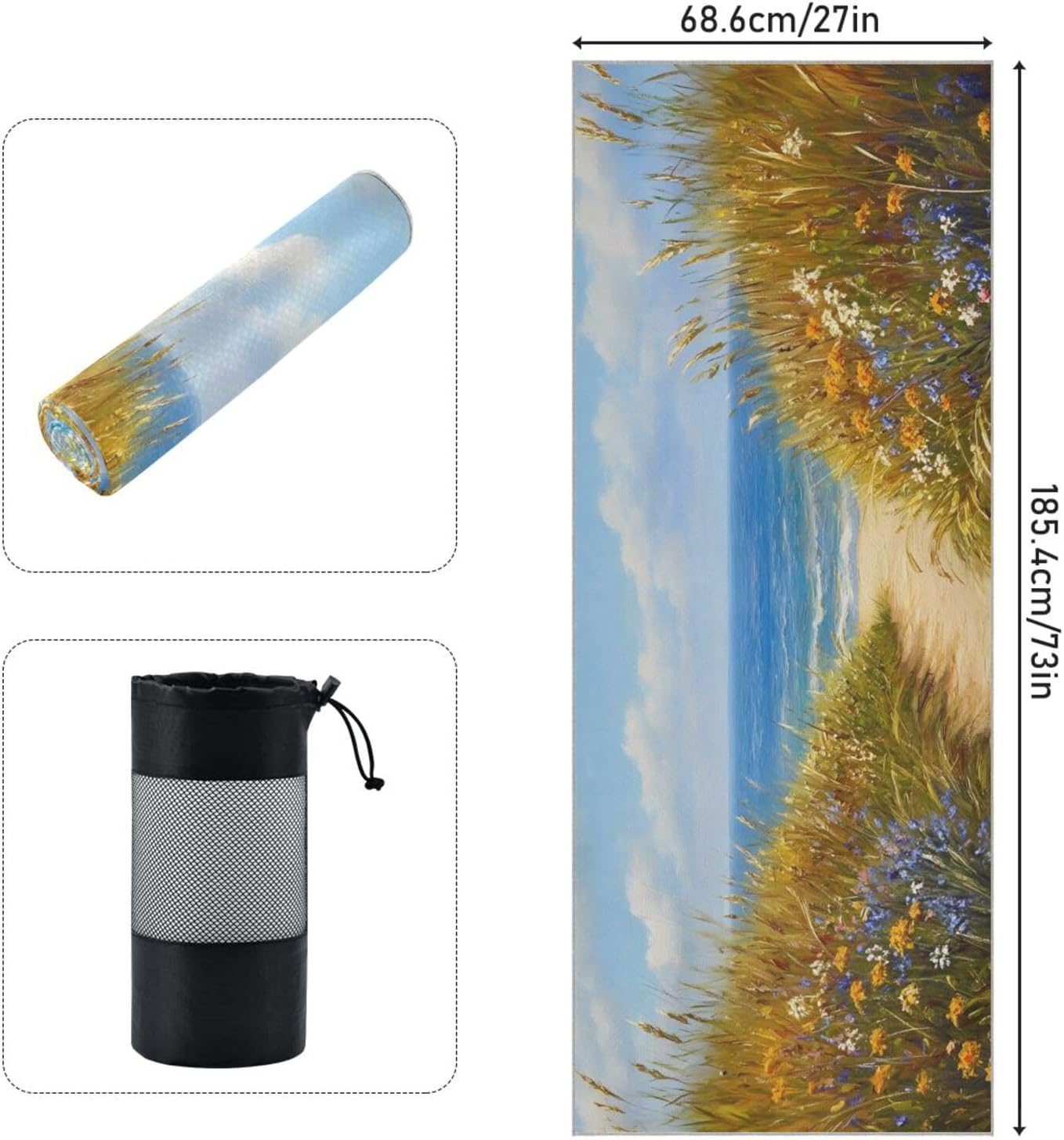 Yoga Mat Towel with Silicone Grip Dot Beach Path Wildflower – 73"x27" Non-Slip Sweat Absorbent Microfiber Yoga Towel for Home Gym Studio