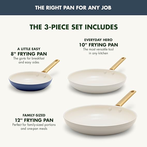 GreenPan 3 Piece Ceramic Cookware Set, Non Stick Frying Pans (8 10 & 12 Skillets), PFAS-Free Non-Toxic Induction Cookware, Hard Anodized, Kitchen Pots, Dishwasher Safe, Navy, Taupe, Cream