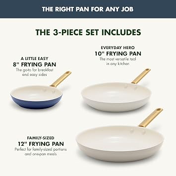 GreenPan 3 Piece Ceramic Cookware Set, Non Stick Frying Pans (8 10 & 12 Skillets), PFAS-Free Non-Toxic Induction Cookware, Hard Anodized, Kitchen Pots, Dishwasher Safe, Navy, Taupe, Cream