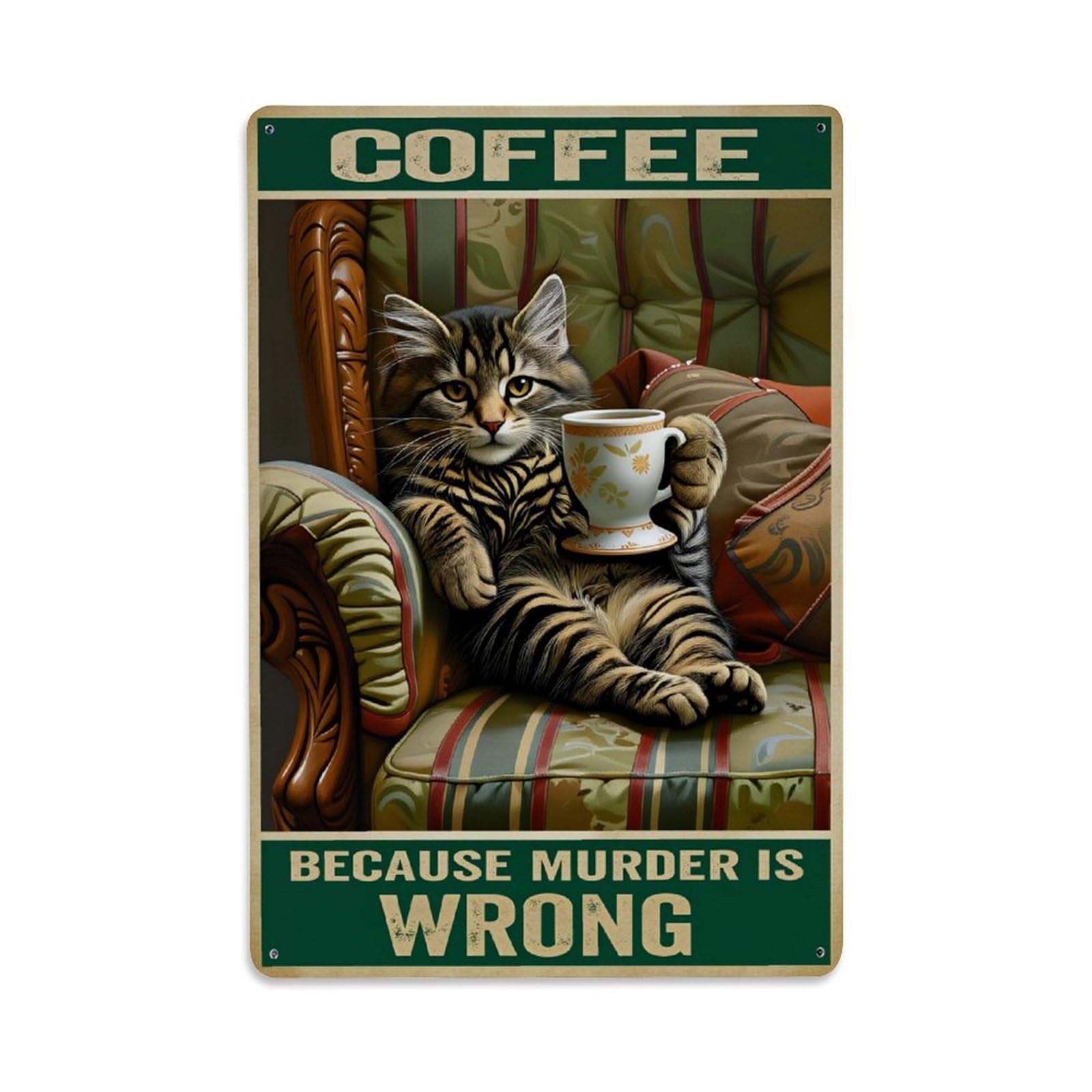 Enderetf Vintage Cat Holding Coffee Cup- Tin Sign Metal Poster, Home Bar Garage Man Cave Cafe Indoor & Outdoor Wall Decoration 8X12inches