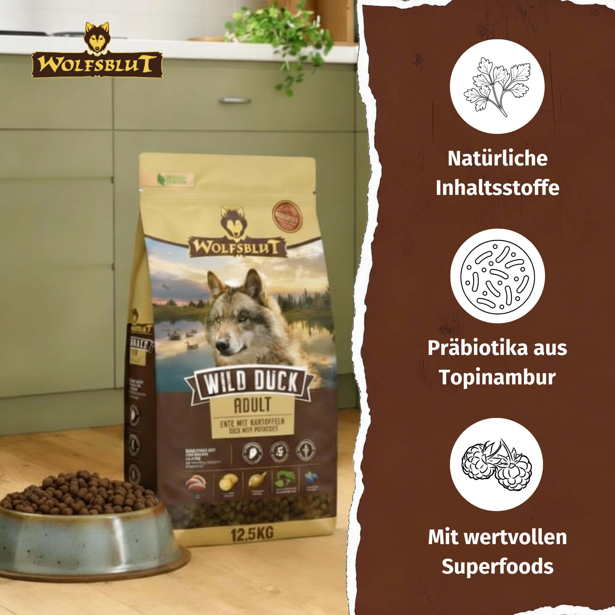 WOLFSBLUT – Wild Duck Adult | Trockenfutter mit natürlichen Zutaten und Superfoods für ausgewachsene Hunde. Getreidefreies Alleinfutter ohne Zusatzstoffe im Beutel | 14,5kg Ente