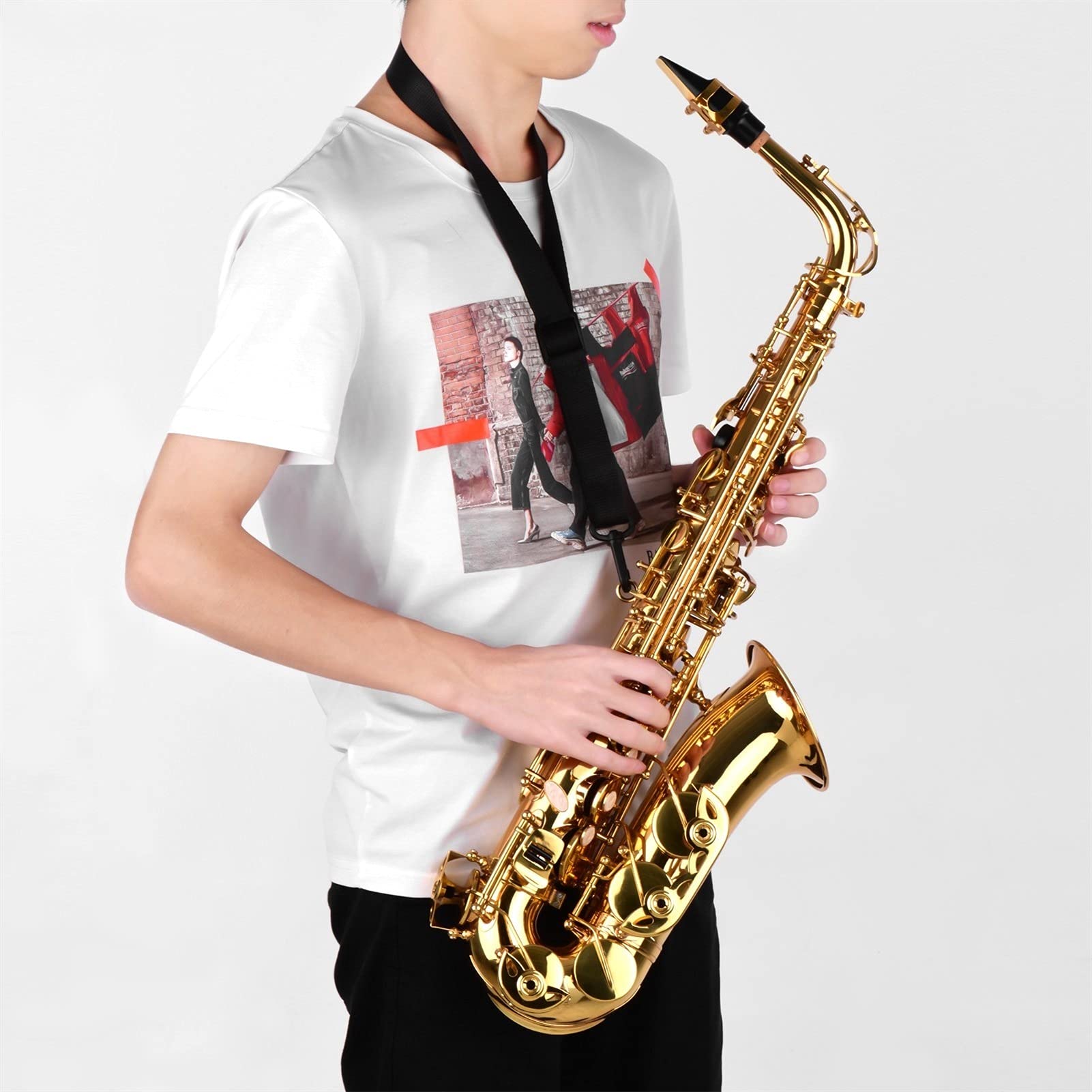 Kit para Principiantes Saxo EB Alto Saxofón Latón Lacado Alto Sax Instrumento de Viento con Estuche de Transporte Guantes Straps Limpieza Limpieza Cepillo