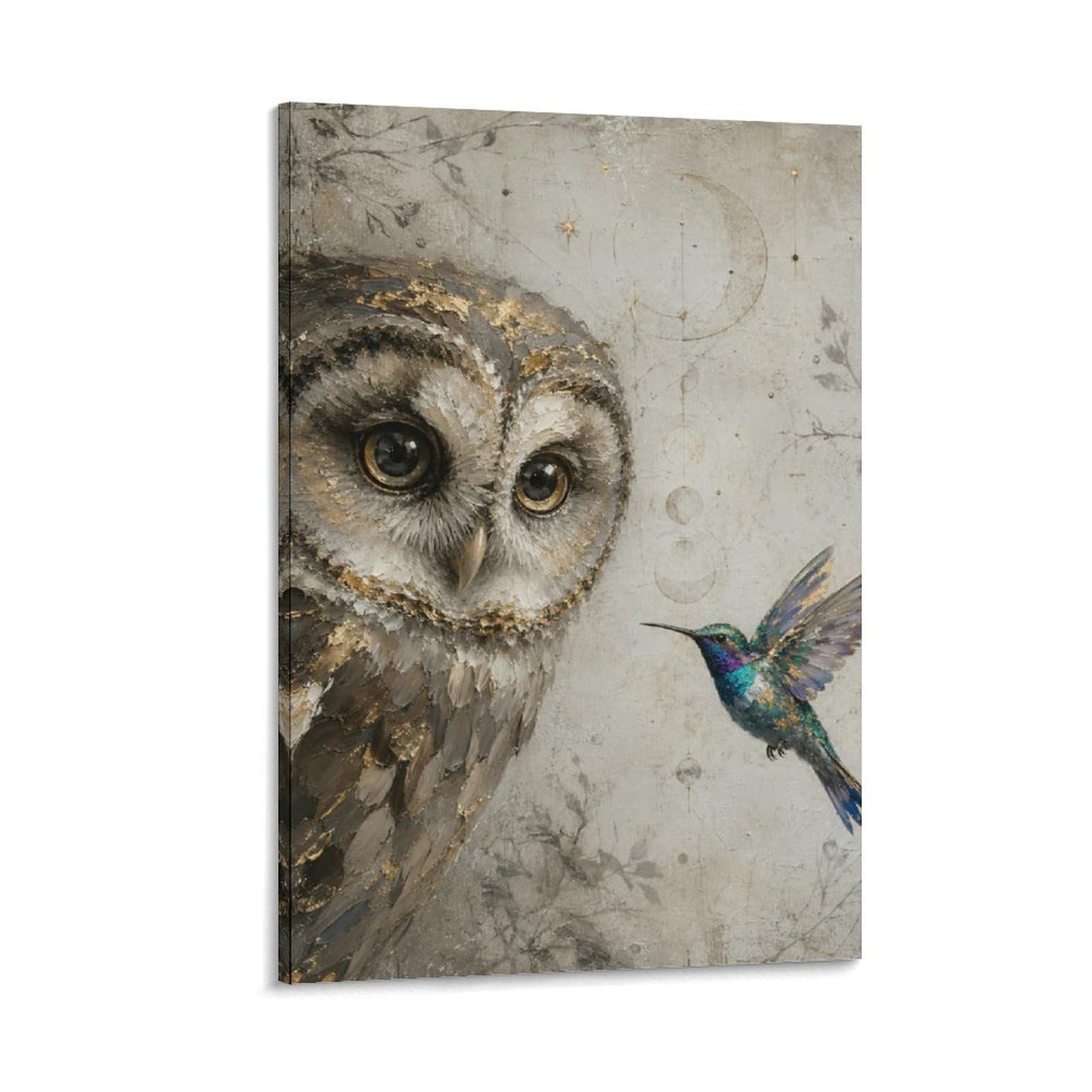 H3B8U2Y5 Owl And Hummingbird Canvas Wall Art, Ornamental Animal Artwork