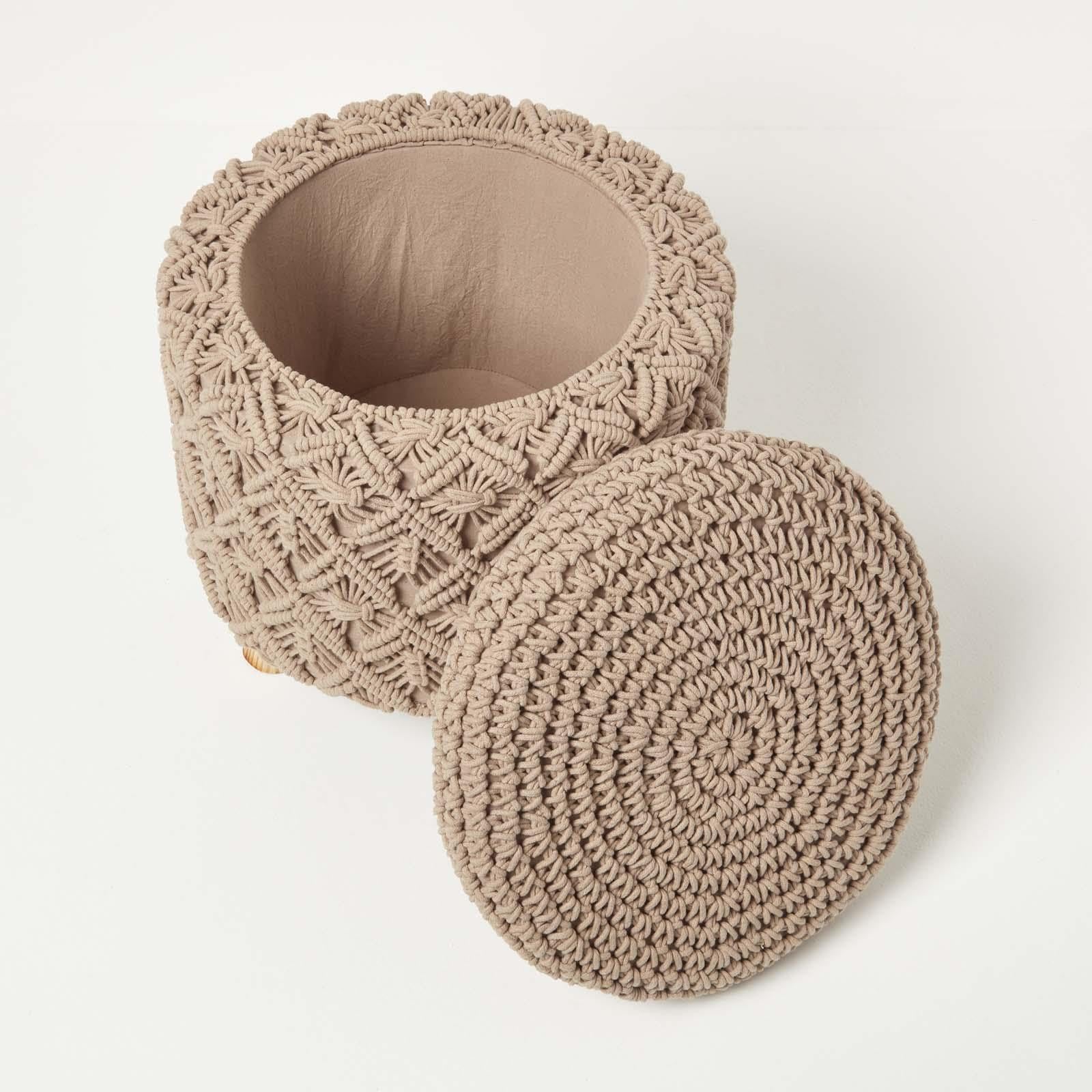 Homescapes Indy Makramee-Hocker mit Stauraum braun 41x43 cm, Stoff-Hocker mit Holzbeinen, runder Hocker Boho Style