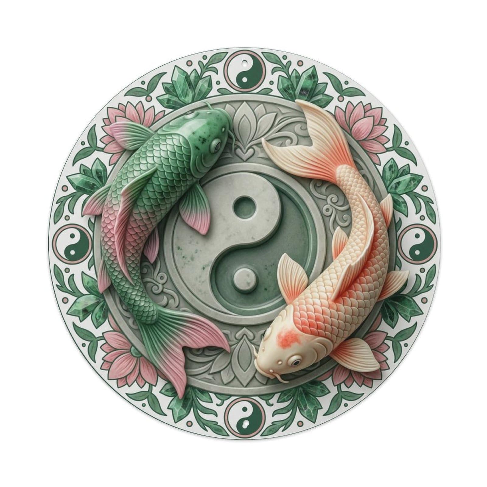 Tai Chi Koi Fish Zoisite Green Pink Metal Tin Sign