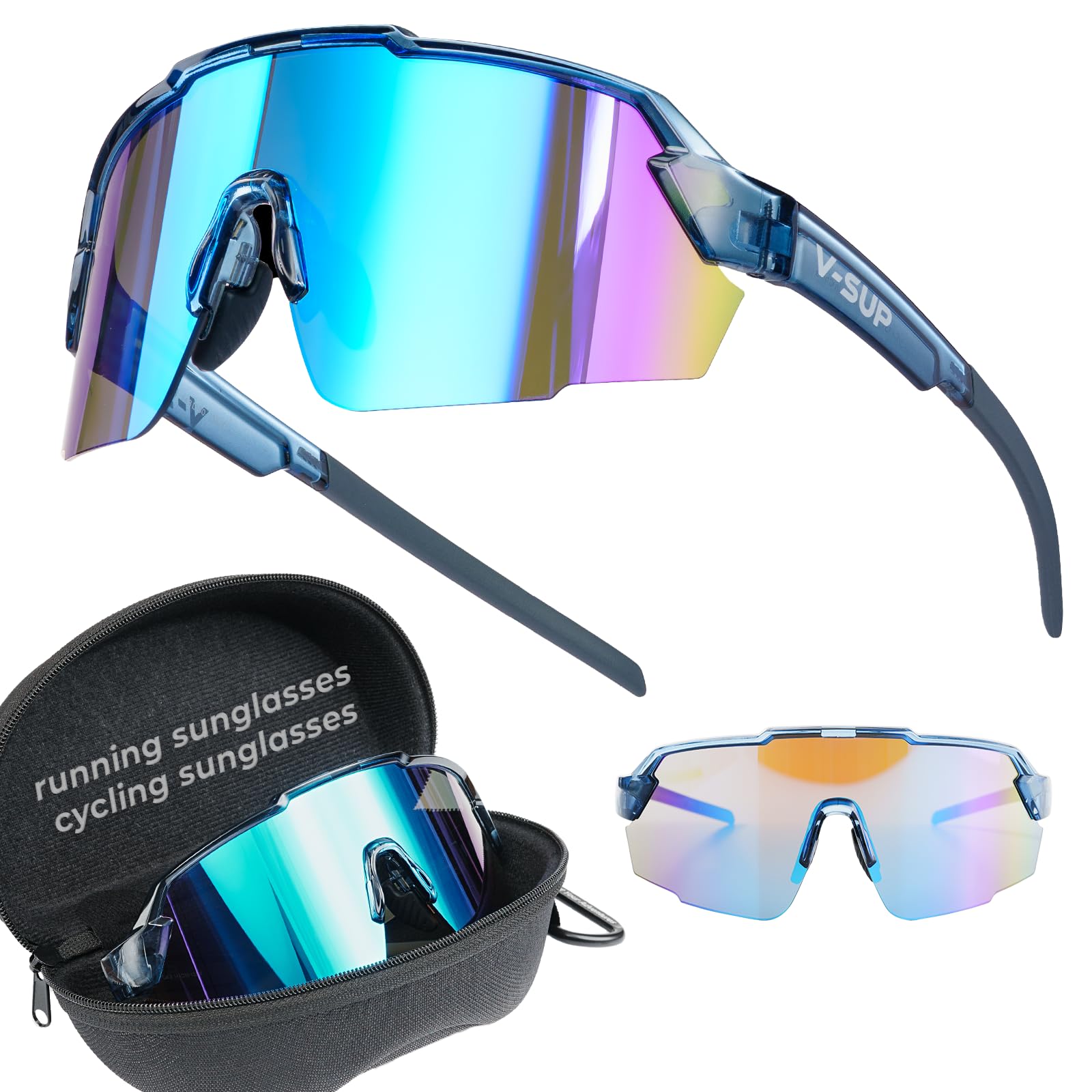 V-SUP TR90 Occhiali da sole da ciclismo con protezione UV400, occhiali sportivi ultraleggeri regolabili con custodia per corsa e uso all'aperto